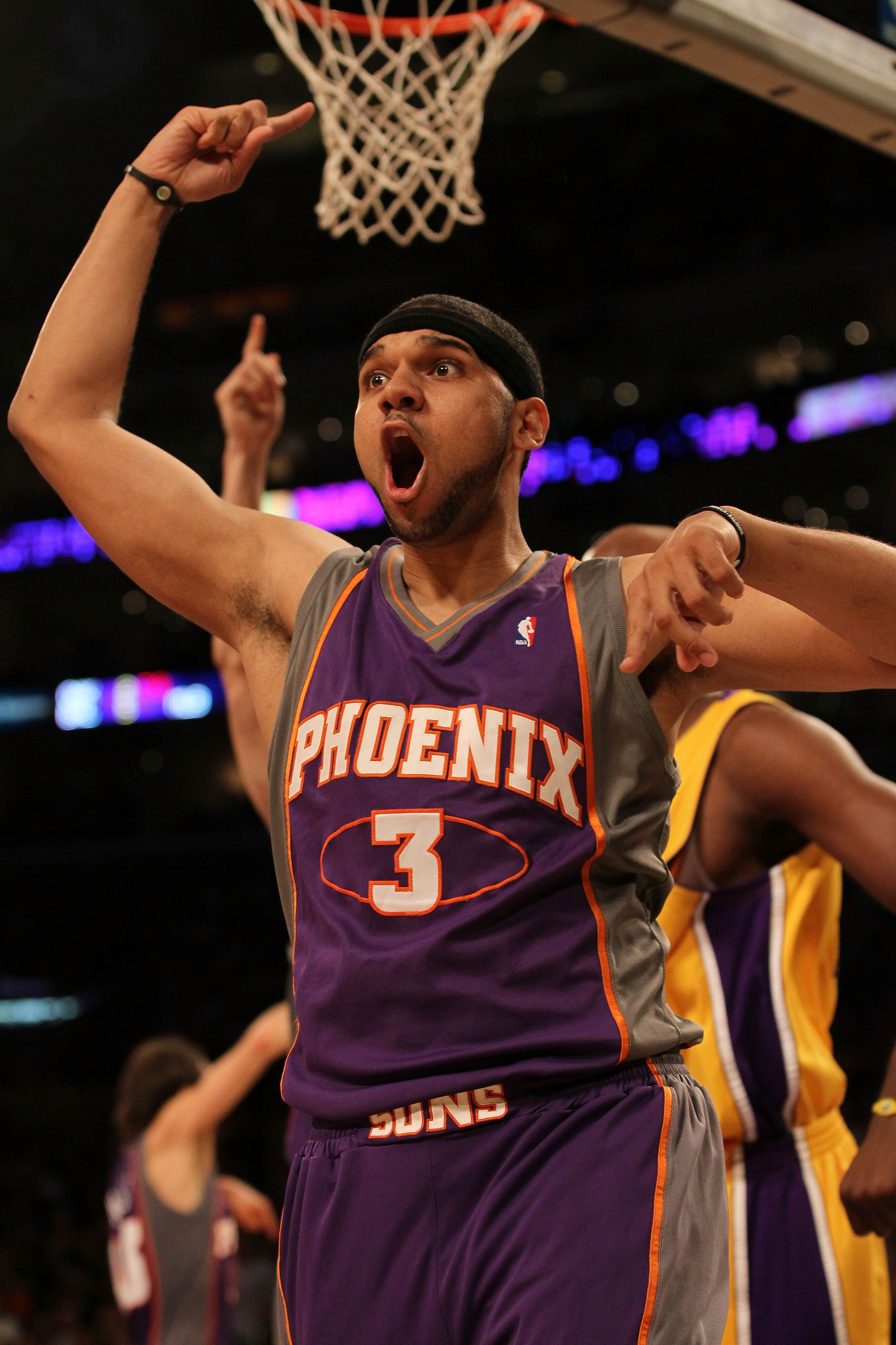 LOS ANGELES, CA - MAY 27:  Jared Dudley #3 of the Phoenix Suns reacts to a play by the Los Angeles Lakers in the first half of Game Five of the Western Conference Finals during the 2010 NBA Playoffs at Staples Center on May 27, 2010 in Los Angeles, Califo
