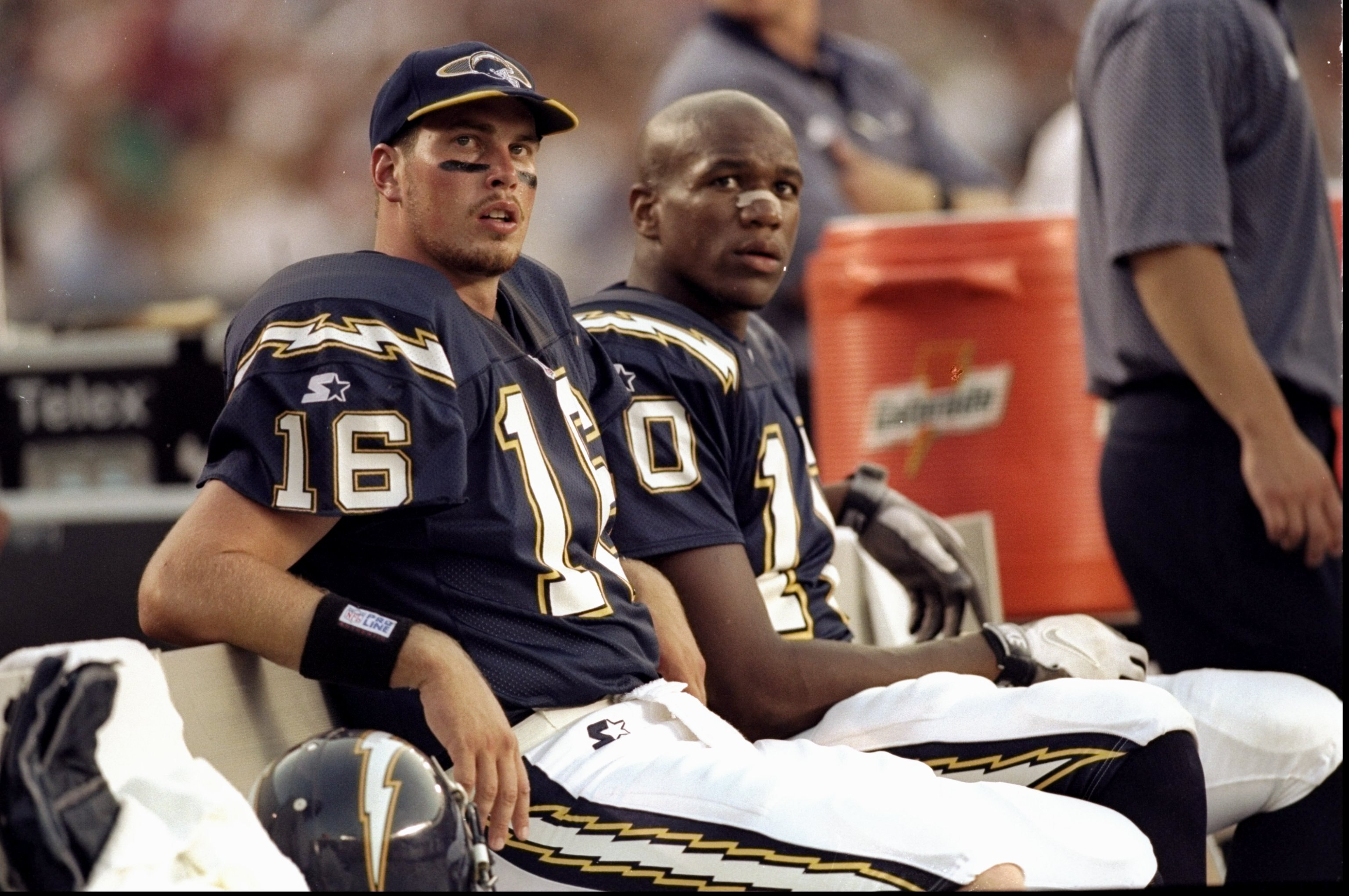 7 Aug 1998:  Ryan Leaf #16 and Mikhael Ricks #10 of the San Diego Chargers sit on the bench during a pre-season game at Qualcomm Stadium in San Diego, California. Mandatory Credit: Tom Hauck  /Allsport