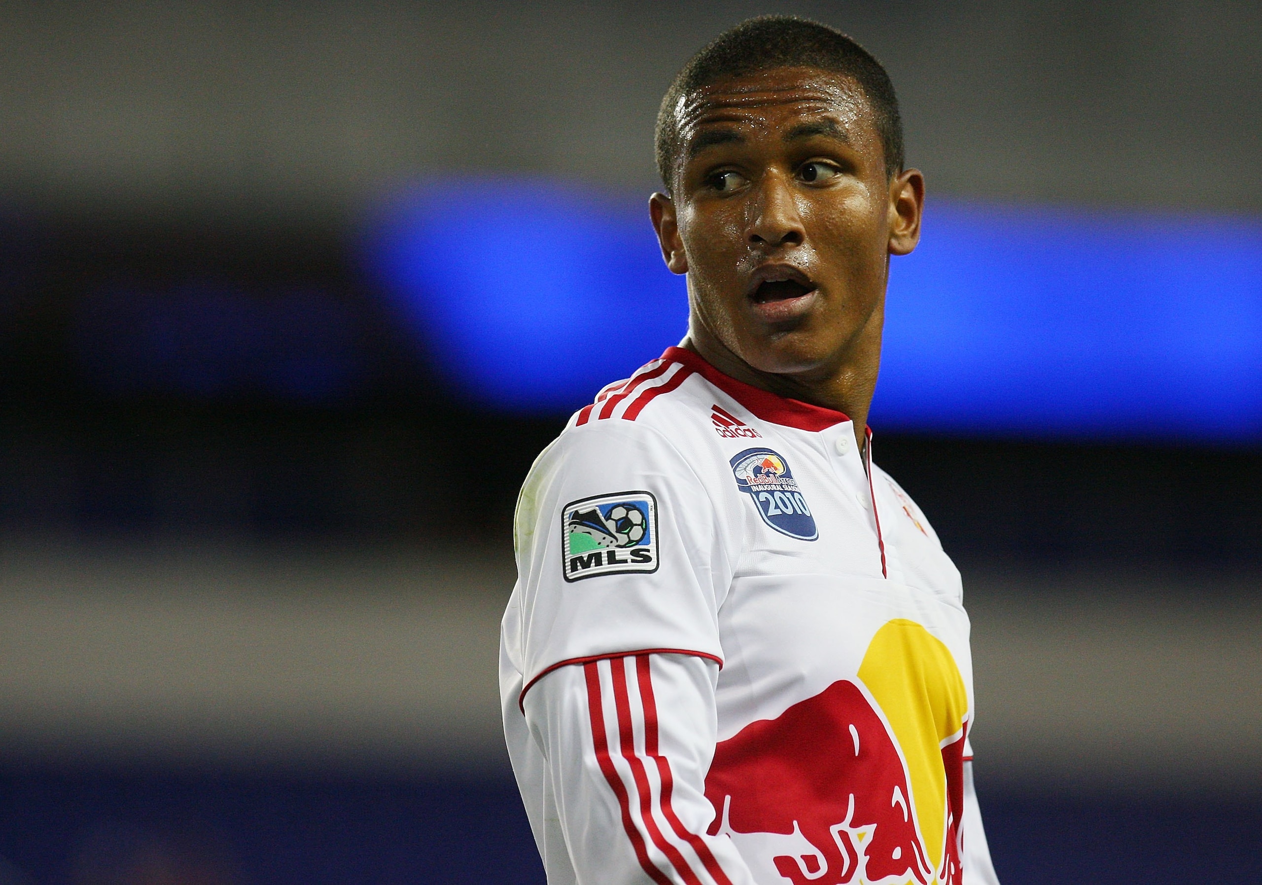 HARRISON, NJ - APRIL 27:  Juan Agudelo #39 of the New York Red Bulls plays the ball against the Philadelphia Union during the US Open Cup qualifying match on April 27, 2010 at Red Bull Arena in Harrison, New Jersey. Red Bulls defeated the Union 2-1.  (Pho