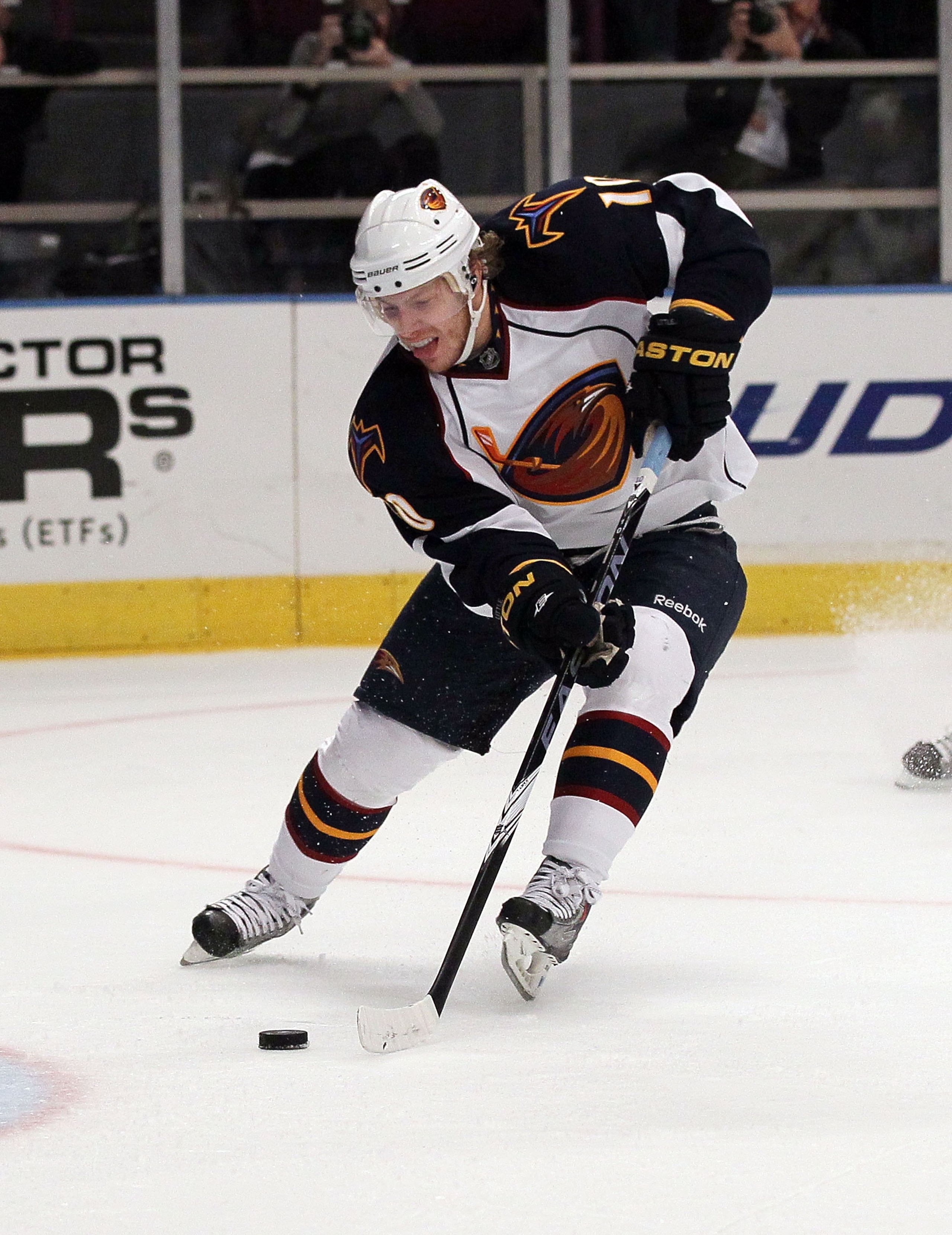 NEW YORK - OCTOBER 27:  Bryan Little #10 of the Atlanta Thrashers skates against the New York Rangers on October 27, 2010 at Madison Square Garden in New York City. Atlanta defeated the Rangers 6-4.  (Photo by Jim McIsaac/Getty Images)