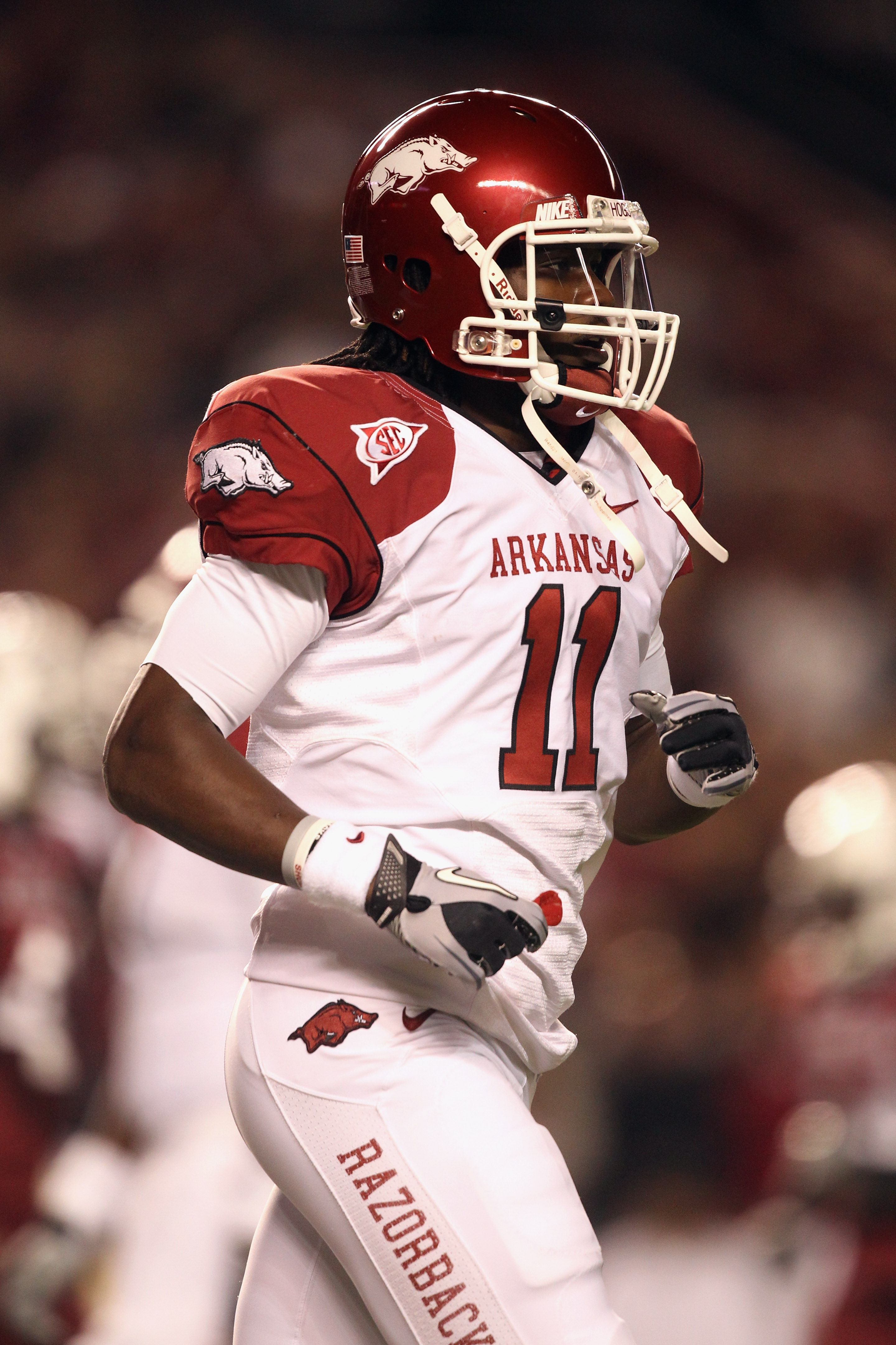 COLUMBIA, SC - NOVEMBER 06:  Cobi Hamilton #11 of the Arkansas Razorbacks against the South Carolina Gamecocks during their game at Williams-Brice Stadium on November 6, 2010 in Columbia, South Carolina.  (Photo by Streeter Lecka/Getty Images)