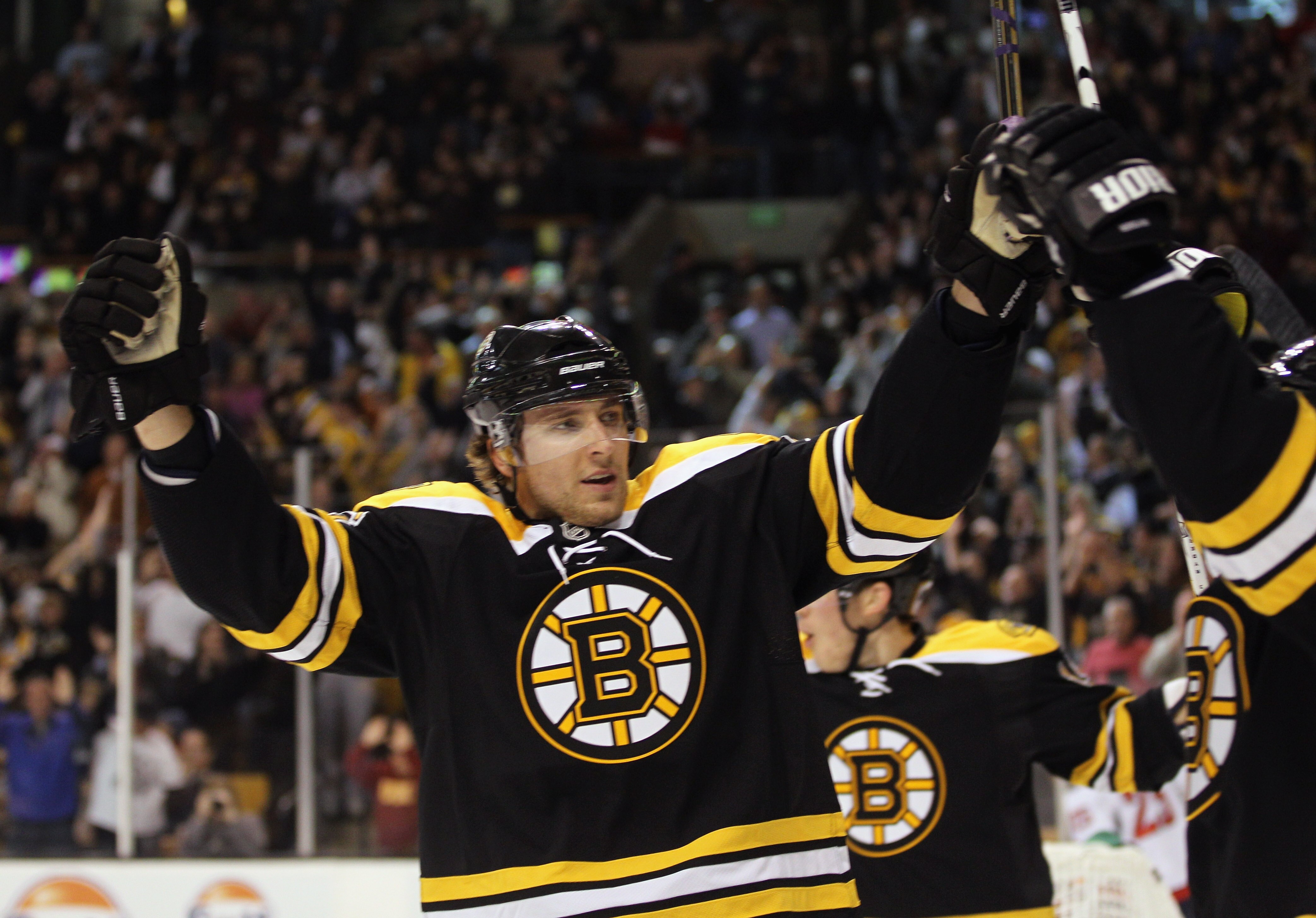BOSTON - OCTOBER 21: Blake Wheeler #26 of the Boston Bruins celebrates a first period goal against the Washington Capitals at the TD Garden on October 21, 2010 in Boston, Massachusetts.  (Photo by Bruce Bennett/Getty Images)