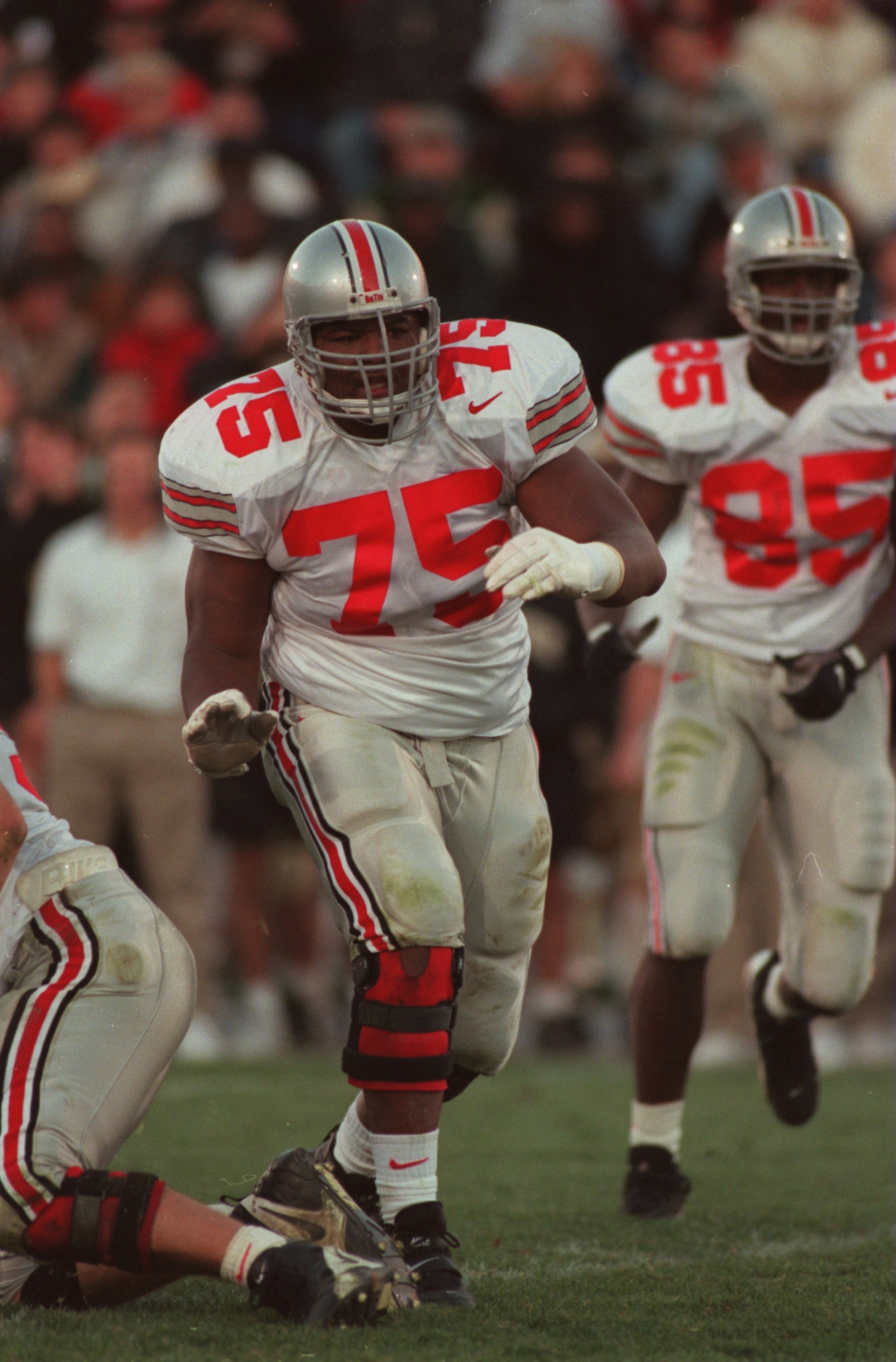 19 Oct 1996: Offensive lineman Orlando Pace #75 of the Ohio State Buckeyes in action on the field as he leads through a hole in the offensive line to make a block during a play in the Buckeyes 42-14 victory over the Purdue Boilermakers at Ross Ade Stadiu 19 Oct 1996: Offensive lineman Orlando Pace #75 of the Ohio State Buckeyes in action on the field as he leads through a hole in the offensive line to make a block during a play in the Buckeyes 42-14 victory over the Purdue Boilermakers at Ross Ade Stadiu