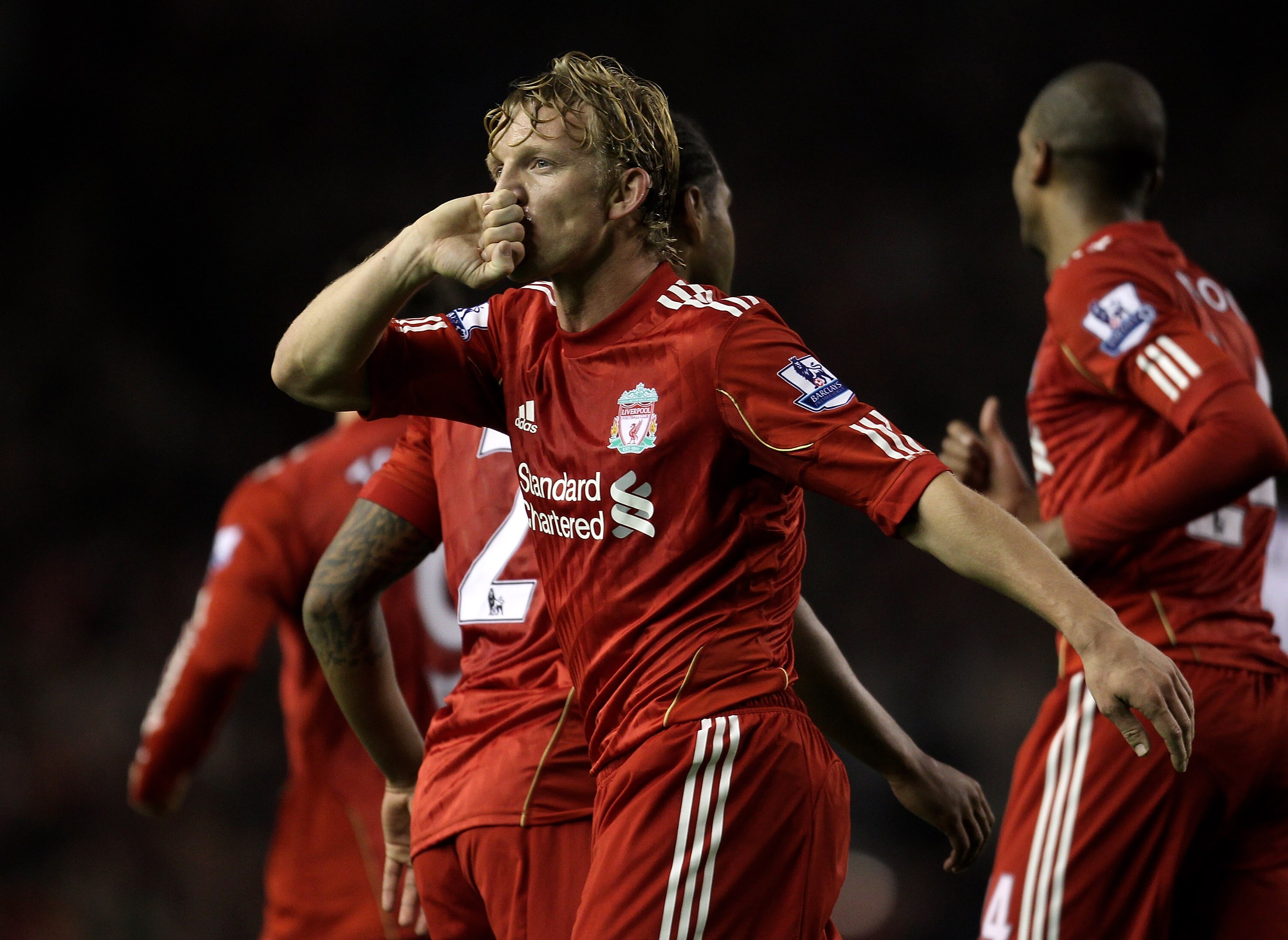 LIVERPOOL, ENGLAND - NOVEMBER 20:  Dirk Kuyt of Liverpool celebrates scoring his team's second goal  during the Barclays Premier League match between Liverpool and West Ham United at Anfield on November 20, 2010 in Liverpool, England.  (Photo by Alex Live