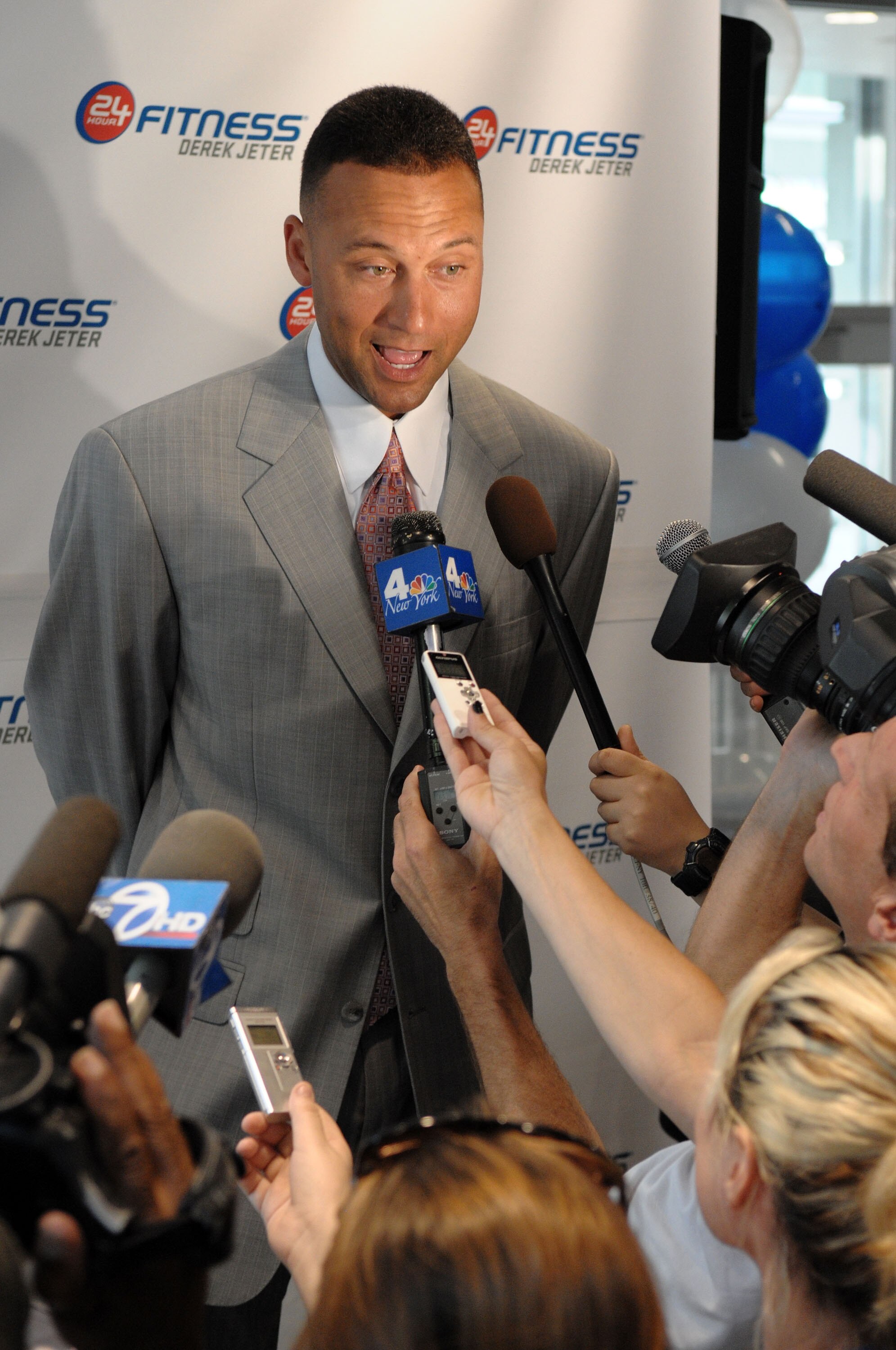 NEW YORK - JULY 22:  Baseball player Derek Jeter speaks with press during the launch of the '24 Hour Fitness - Derek Jeter' health club on July 22, 2008 in New York City.  (Photo by Bryan Bedder/Getty Images)