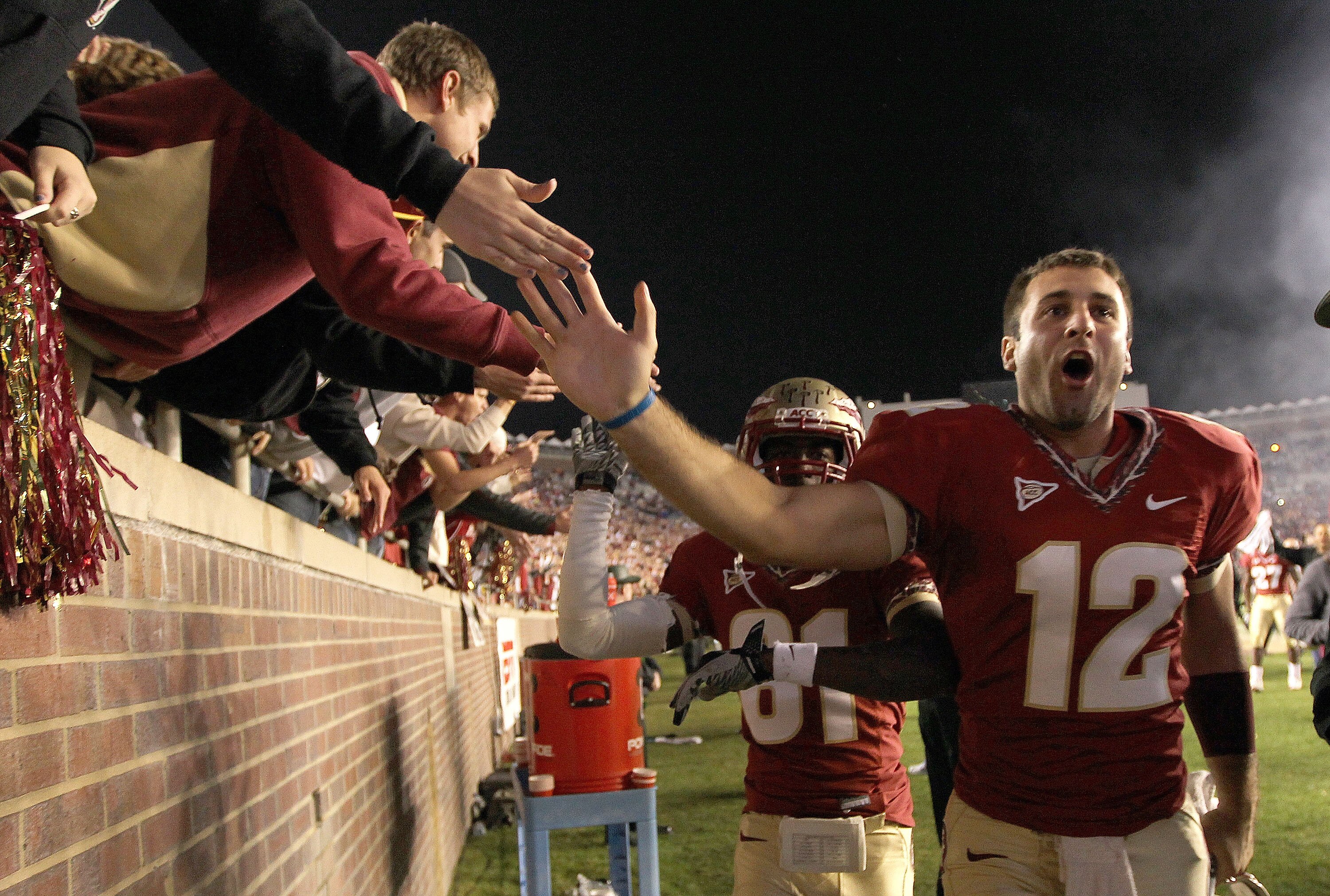 TALLAHASSEE, FL - NOVEMBER 27:  Brandon Parks #12 of the Florida State Seminoles celebrates a win against the Florida Gators at Doak Campbell Stadium on November 27, 2010 in Tallahassee, Florida.  (Photo by Mike Ehrmann/Getty Images)