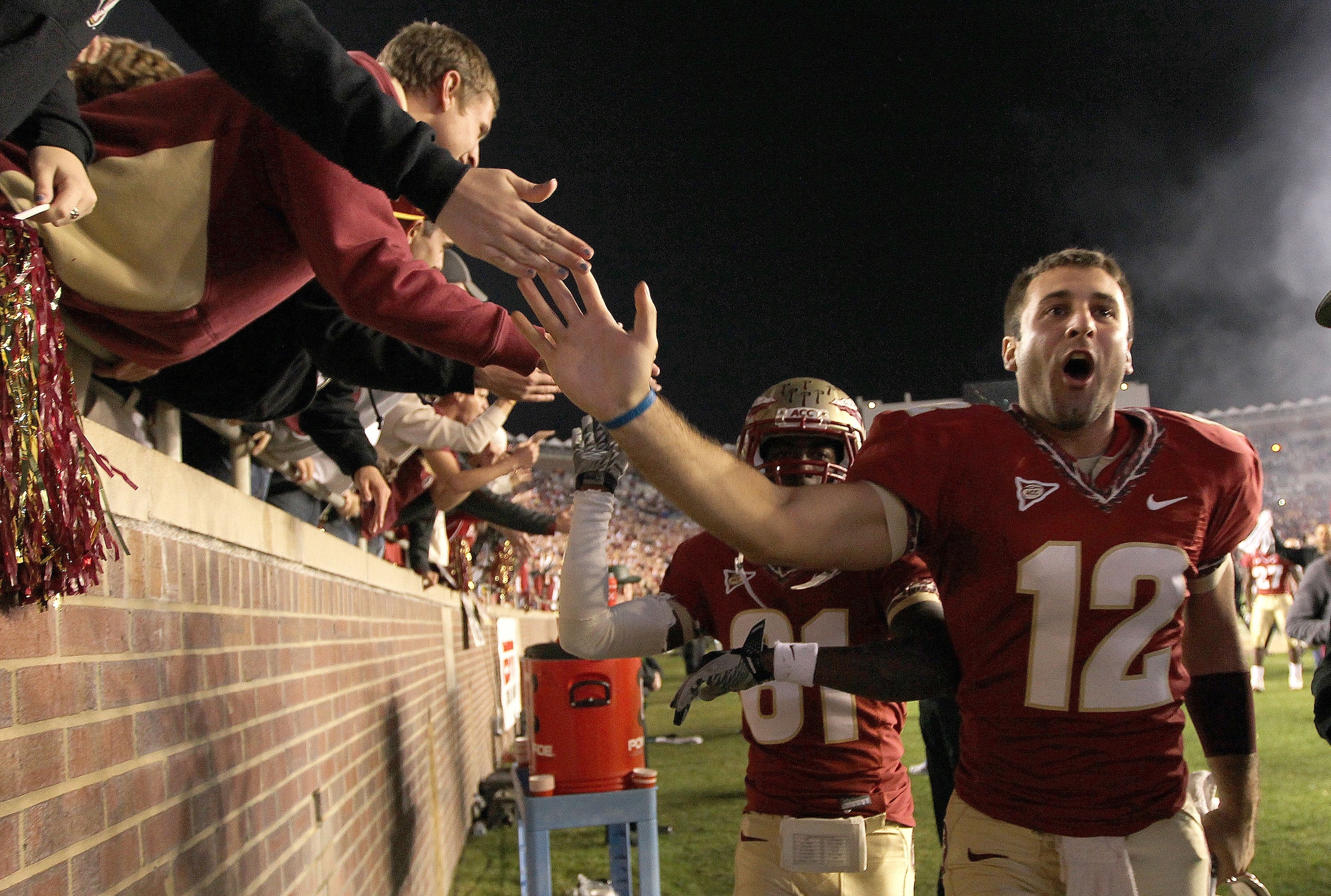 TALLAHASSEE, FL - NOVEMBER 27:  Brandon Parks #12 of the Florida State Seminoles celebrates a win against the Florida Gators at Doak Campbell Stadium on November 27, 2010 in Tallahassee, Florida.  (Photo by Mike Ehrmann/Getty Images)