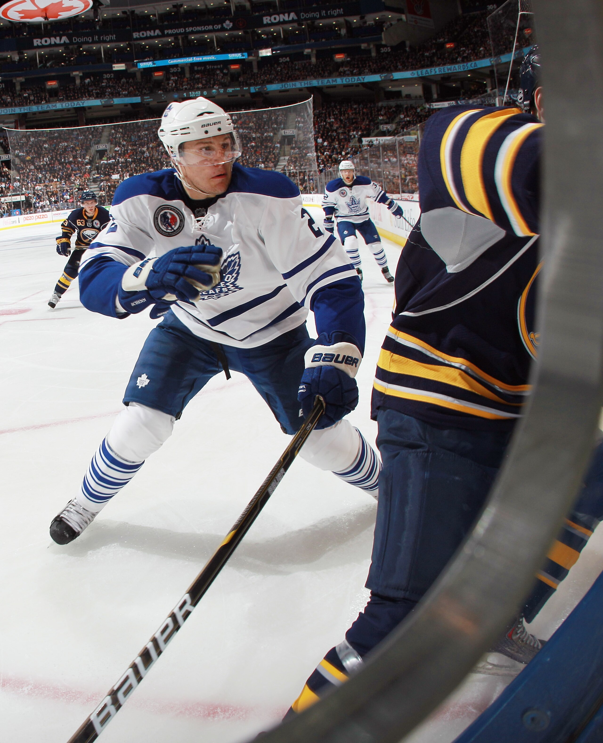 TORONTO, ON - NOVEMBER 06:  Luke Schenn #2 of the Toronto Maple Leafs skates against the Buffalo Sabres at the Air Canada Centre on November 6, 2010 in Toronto, Canada. The Sabres defeated the Maple Leafs 3-2.  (Photo by Bruce Bennett/Getty Images)