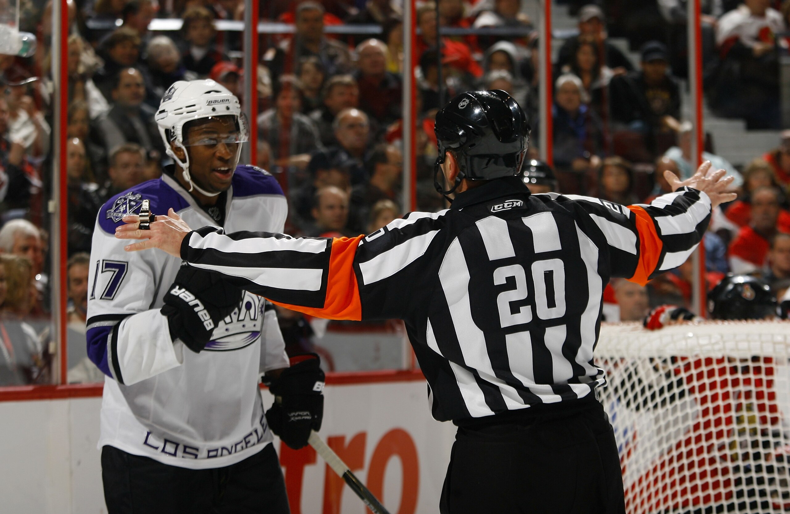 OTTAWA, ON - NOVEMBER 22:  Wayne Simmonds #17 of the Los Angeles Kings argues with referee Tim Peel (20) after his goal was waved off during a game against the Ottawa Senators at Scotiabank Place on November 22, 2010 in Ottawa, Ontario, Canada.  (Photo by