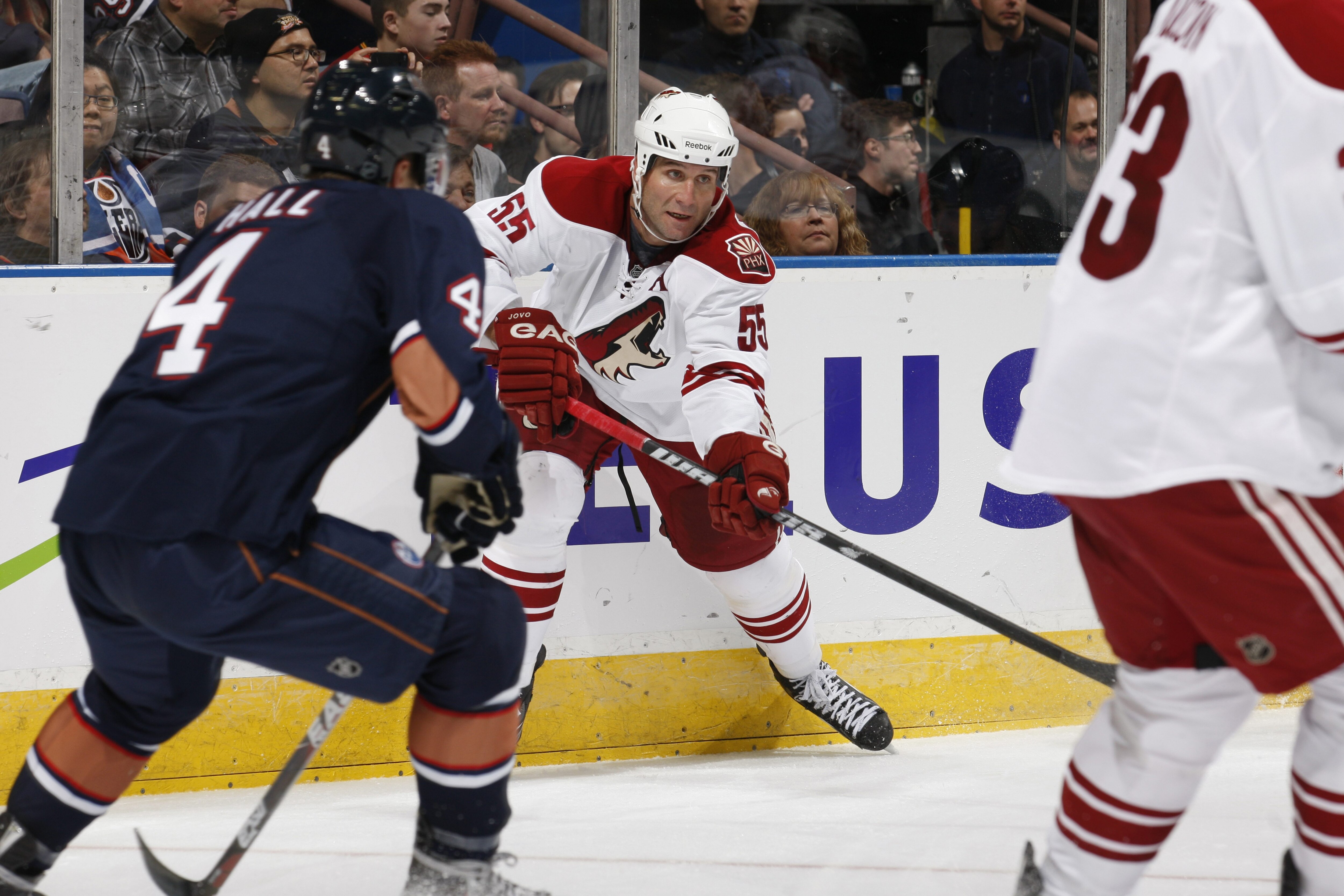 EDMONTON, CANADA - NOVEMBER 19: Ed Jovanovski #55 of the Phoenix Coyotes skates against the Edmonton Oilers on November 19, 2010 at Rexall Place in Edmonton, Alberta, Canada. (Photo by Dale MacMillan/Getty Images)