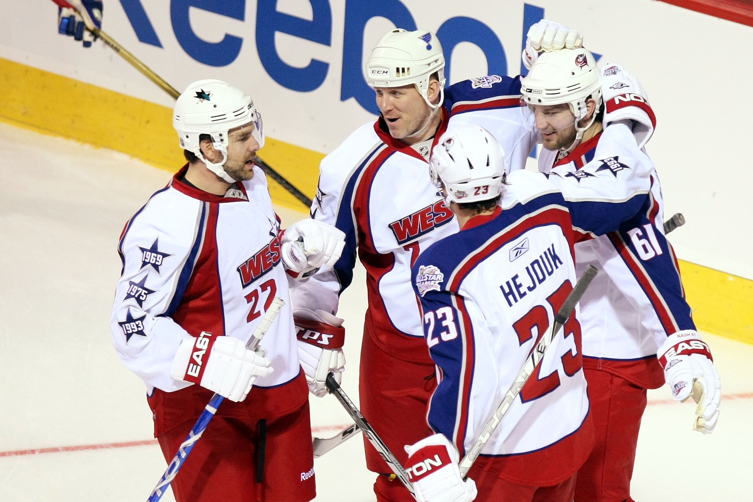 MONTREAL - JANUARY 25: Western Conference All-Star Rick Nash of the Columbus Blue Jackets, Milan Hejduk of the Colorado, Keith Tkachuk of the St. Louis Blues, Dan Boyle of the San Jose Sharks celebrate after a goal during the 2009 NHL All-Star game at th MONTREAL - JANUARY 25: Western Conference All-Star Rick Nash of the Columbus Blue Jackets, Milan Hejduk of the Colorado, Keith Tkachuk of the St. Louis Blues, Dan Boyle of the San Jose Sharks celebrate after a goal during the 2009 NHL All-Star game at th