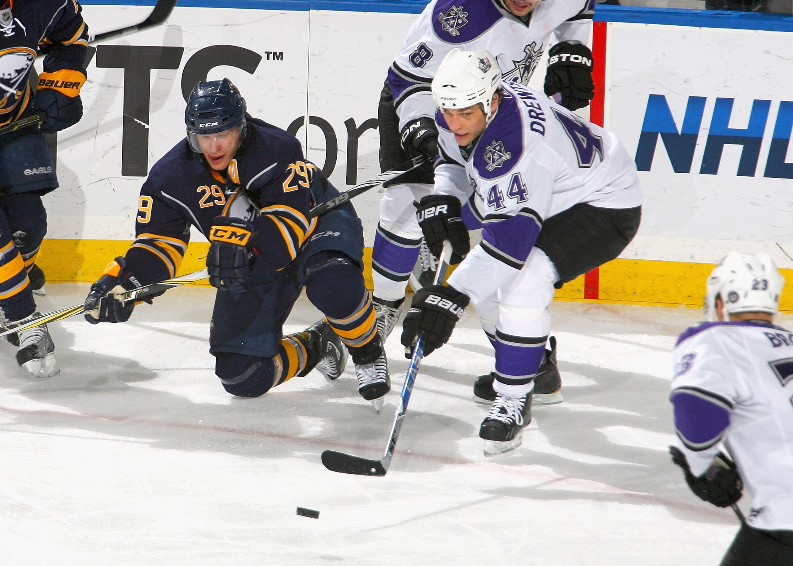 BUFFALO, NY - NOVEMBER 19: Davis Drewiske #44 of the Los Angeles Kings makes a pass against Jason Pominville #29 of the Buffalo Sabres at HSBC Arena on November 19, 2010 in Buffalo, New York. (Photo by Rick Stewart/Getty Images) BUFFALO, NY - NOVEMBER 19: Davis Drewiske #44 of the Los Angeles Kings makes a pass against Jason Pominville #29 of the Buffalo Sabres at HSBC Arena on November 19, 2010 in Buffalo, New York. (Photo by Rick Stewart/Getty Images)
