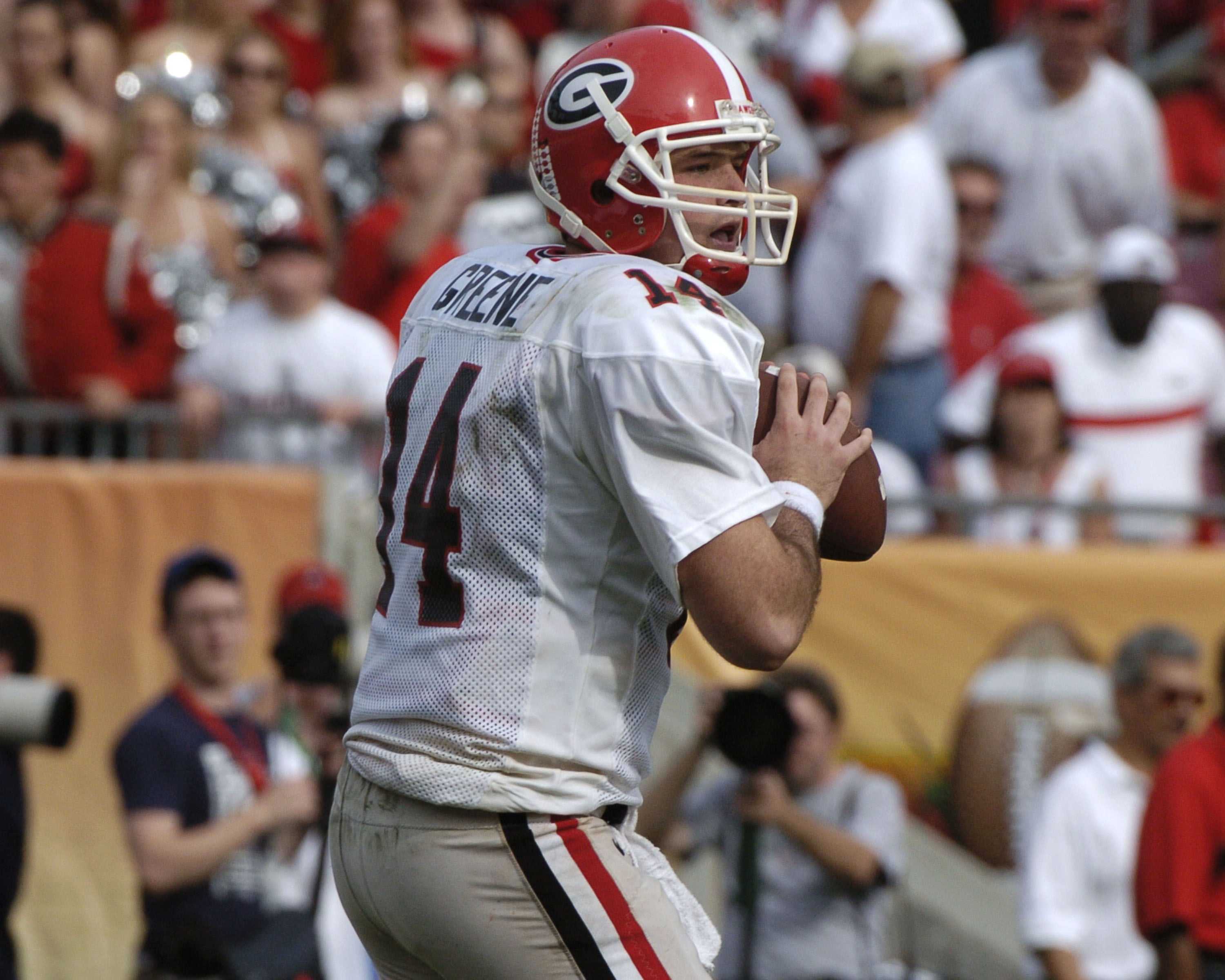 Georgia quarterback  David Greene sets to pass  at the 2005 Outback Bowl January 1, 2005 at Raymond James Stadium, Tampa, Florida.  Georgia defeated Wisconsin 24 - 21. (Photo by A. Messerschmidt/Getty Images) *** Local Caption ***