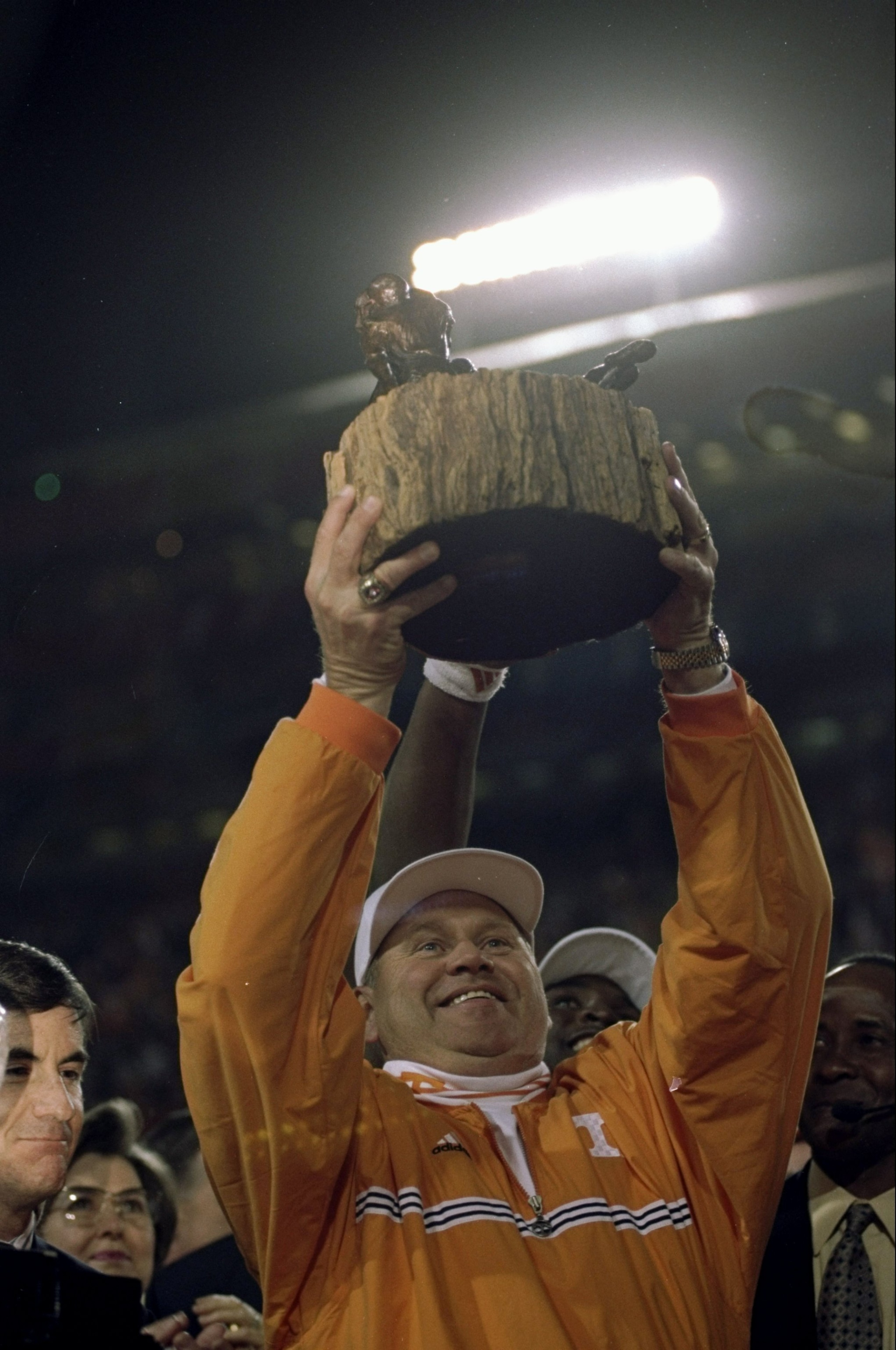 4 Jan 1999:  Head coach Phil Fulmer of the Tennesse Volunteers holds up the trophy during the Fiesta Bowl Game against the Florida State Seminoles at the Sun Devil Stadium in Tempe, Arizona. Tennessee defeated Florida State 23-16. Mandatory Credit: Vincen