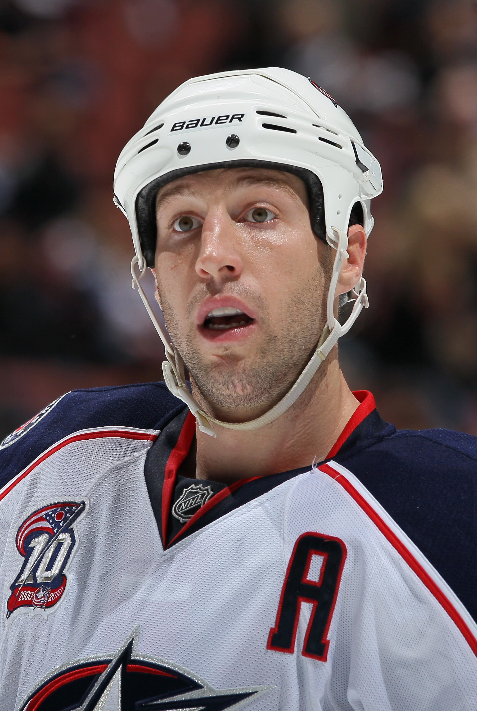 ANAHEIM, CA - NOVEMBER 19:  R.J. Umberger #18 of the Columbus Blue Jackets looks on against the Anaheim Ducks at the Honda Center on November 19, 2010 in Anaheim, California.  (Photo by Jeff Gross/Getty Images)