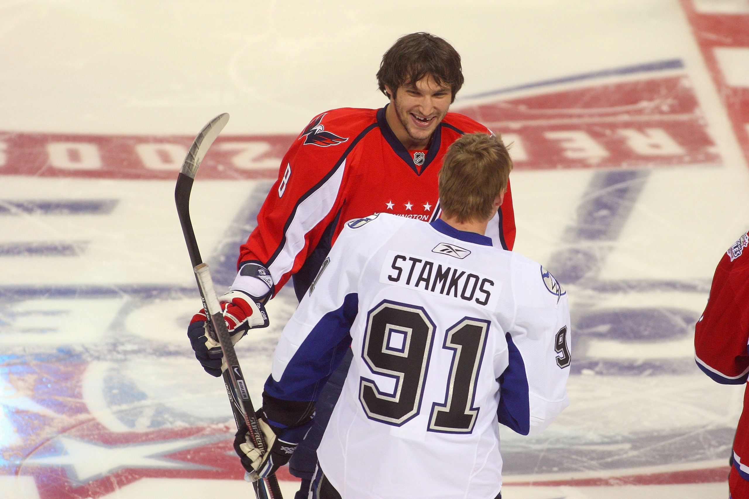 MONTREAL - JANUARY 24:  Alex Ovechkin #8 of the Washington Capitals meets with Steve Stamkos #91 of the Tampa Bay Lightning during the Honda NHL Superskills competition as part of the 2009 NHL All-Star weekend on January 24, 2009 at the Bell Centre in Mon