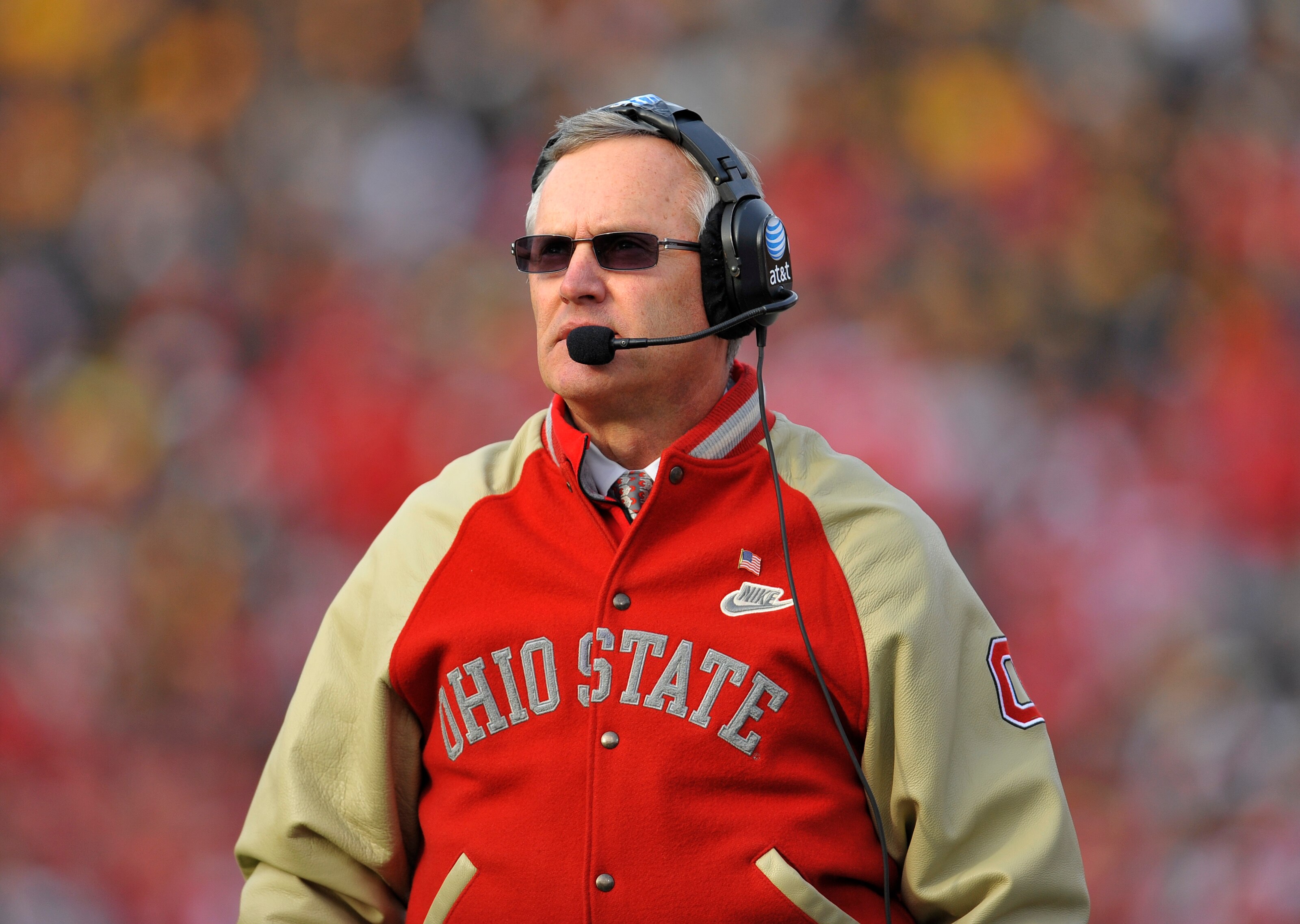 IOWA CITY, IA - NOVEMBER 20:  Ohio State Buckeyes head coach Jim Tressel looks on from the sidelines during first half action against the University of Iowa Hawkeyes at Kinnick Stadium on November 20, 2010 in Iowa City, Iowa. Ohio State won 20-17 over Iow