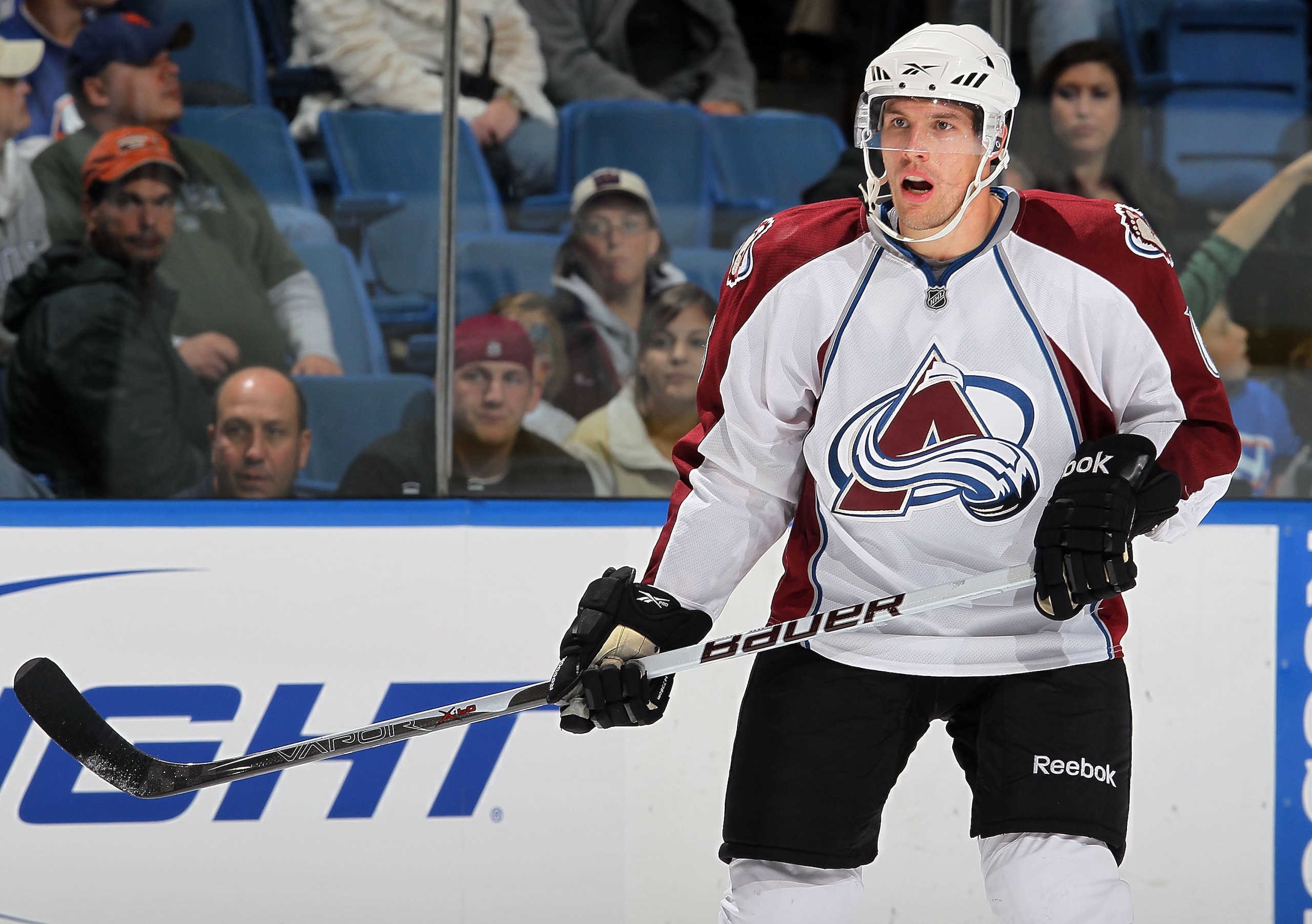 UNIONDALE, NY - OCTOBER 16:  Jonas Holos #6 of the Colorado Avalanche skates against the New York Islanders on October 16, 2010 at Nassau Coliseum in Uniondale, New York. The Isles defeated the Avalanche 5-2.  (Photo by Jim McIsaac/Getty Images)