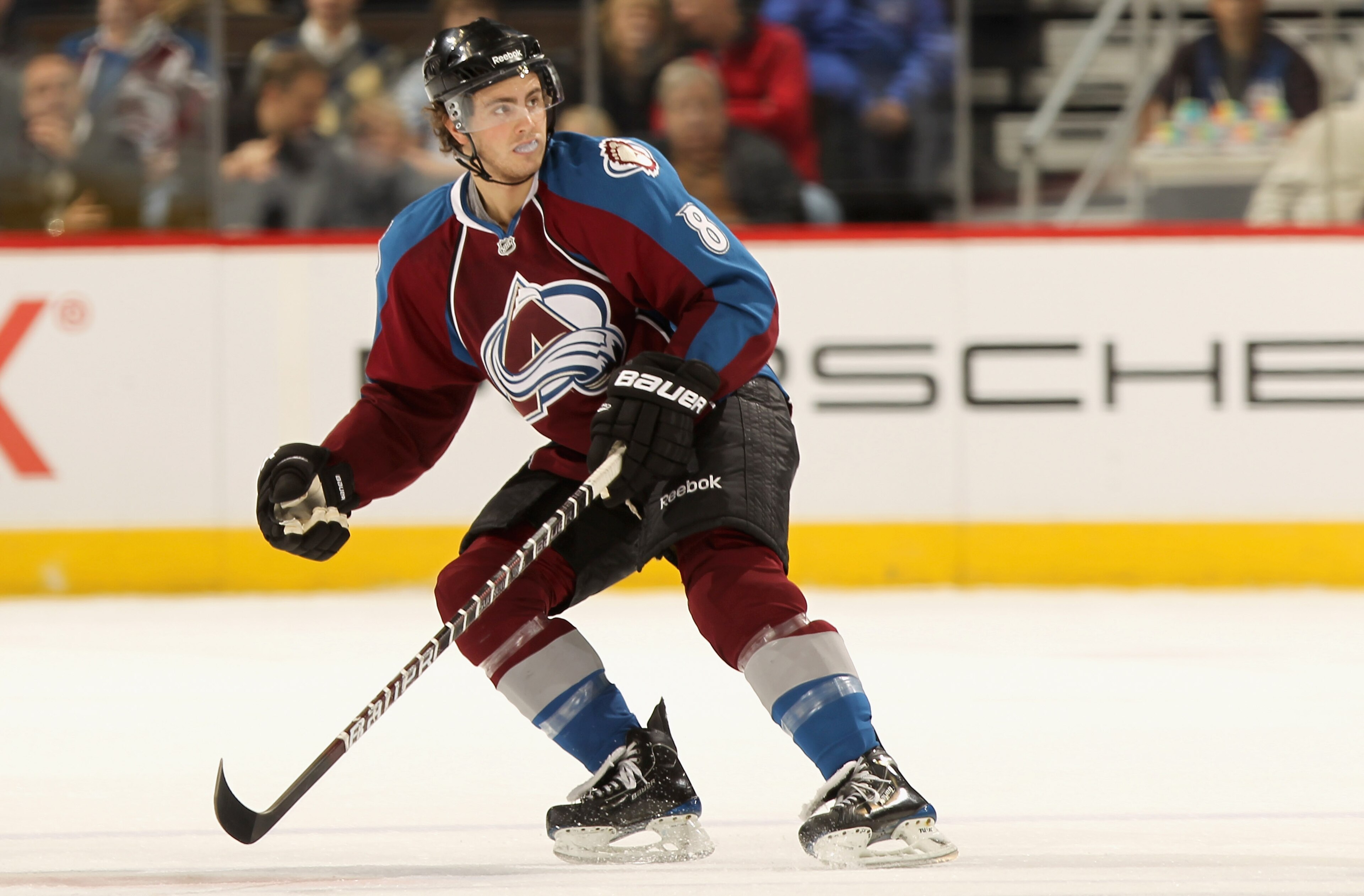 DENVER - NOVEMBER 17:  Kevin Shattenkirk #8 of the Colorado Avalanche skates against the San Jose Sharks at the Pepsi Center on November 17, 2010 in Denver, Colorado. Shattenkirk scored his first NHL goal as the Avalanche defeated the Sharks 4-3 in overti