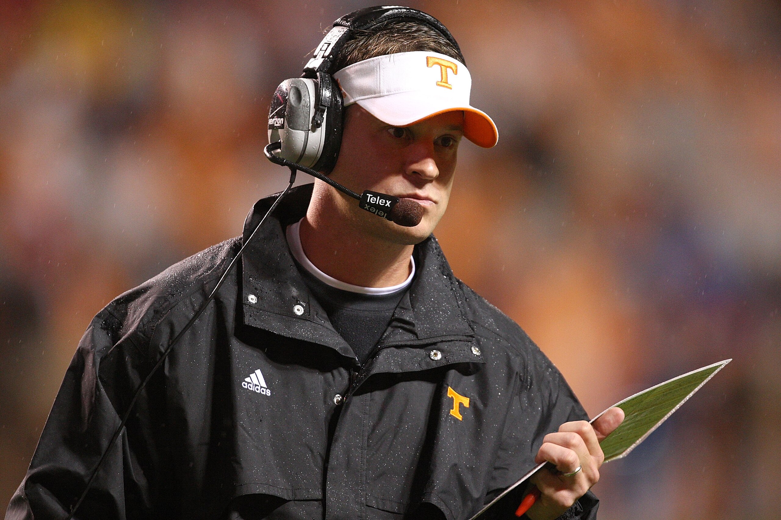 KNOXVILLE, TN - OCTOBER 31:  Head coach Lane Kiffen of the Tennessee Volunteers watches against the South Carolina Gamecocks at Neyland Stadium on October 31, 2009 in Knoxville, Tennessee.  (Photo by Streeter Lecka/Getty Images)