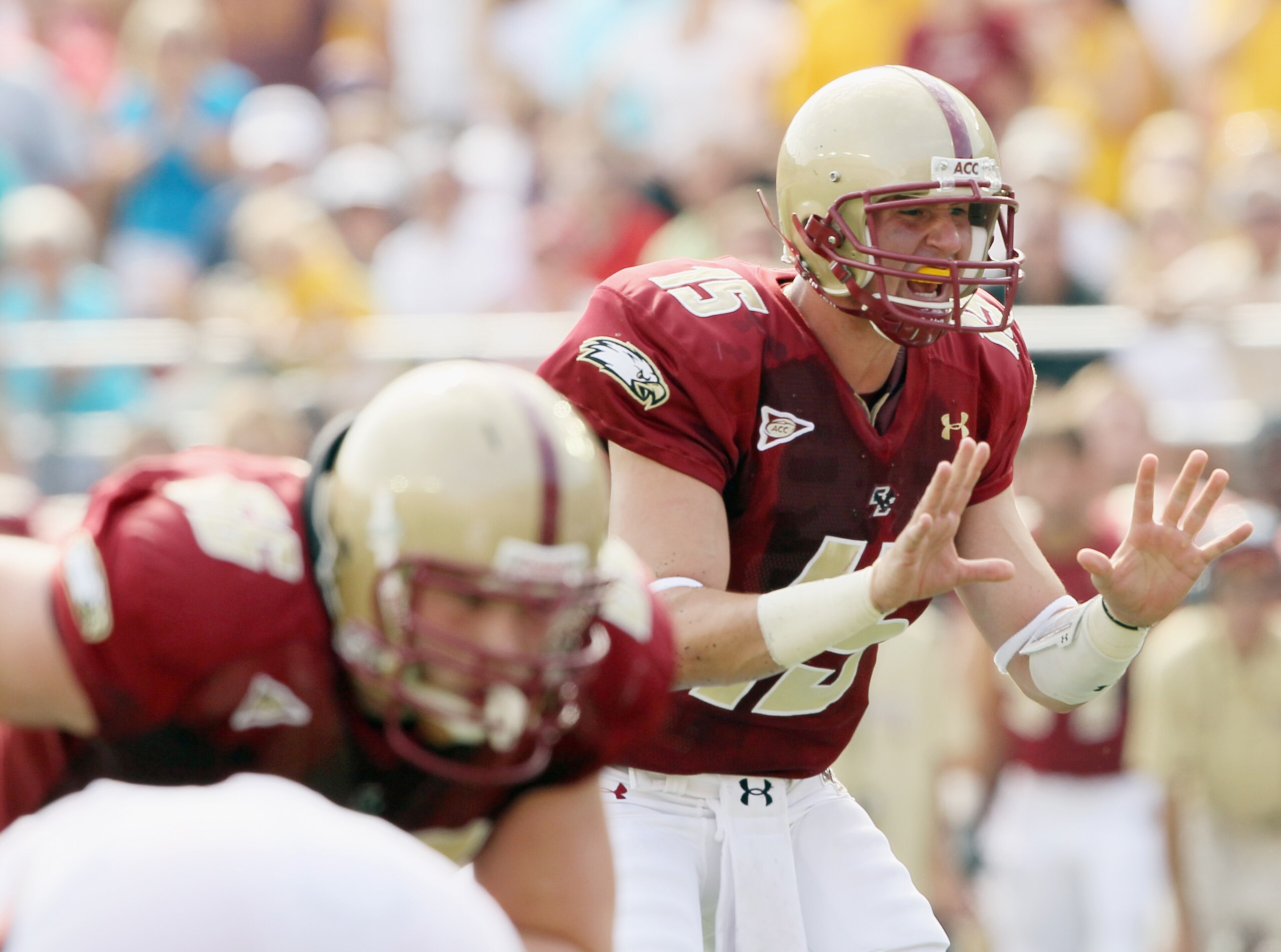 CHESTNUT HILL, MA - SEPTEMBER 25: Dave Shinskie #15 of the Boston College Eagles calls out the play late in the second quarter against the Virginia Tech Hokies on September 25, 2010 at Alumni Stadium in Chestnut Hill, Massachusetts. (Photo by Elsa/Getty CHESTNUT HILL, MA - SEPTEMBER 25: Dave Shinskie #15 of the Boston College Eagles calls out the play late in the second quarter against the Virginia Tech Hokies on September 25, 2010 at Alumni Stadium in Chestnut Hill, Massachusetts. (Photo by Elsa/Getty