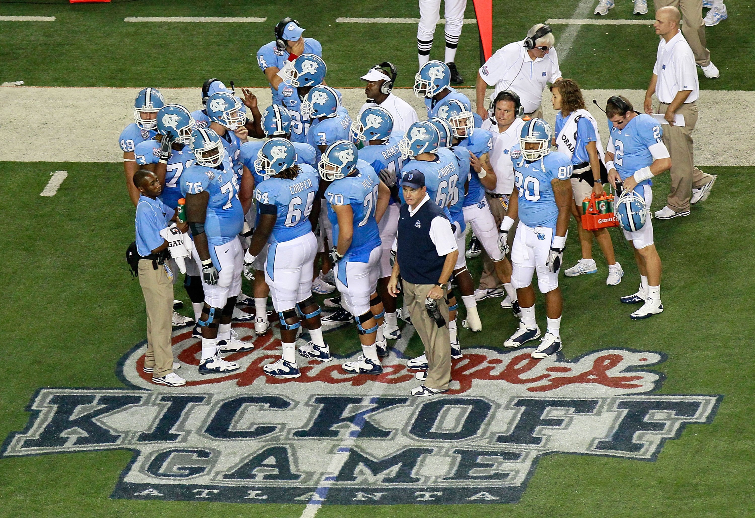 ATLANTA - SEPTEMBER 04:  Head coach Butch Davis and the offense of the North Carolina Tar Heels against the LSU Tigers during the Chick-fil-A Kickoff Game at Georgia Dome on September 4, 2010 in Atlanta, Georgia.  (Photo by Kevin C. Cox/Getty Images)