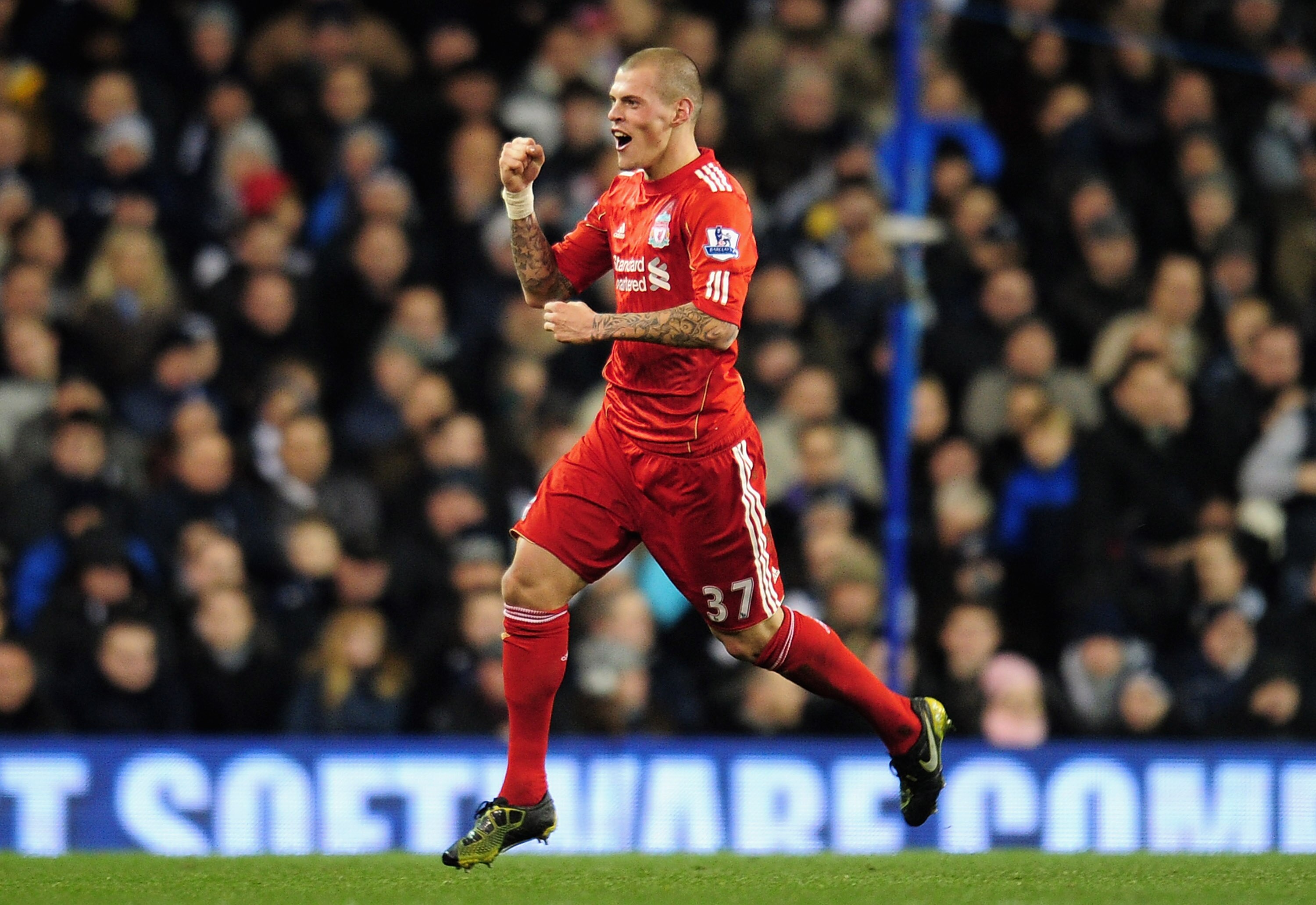 LONDON, ENGLAND - NOVEMBER 28:  Martin Skrtel of Liverpool celebrates scoring the opening goal during the Barclays Premier League match between Tottenham Hotspur and Liverpool at White Hart Lane on November 28, 2010 in London, England.  (Photo by Shaun Bo
