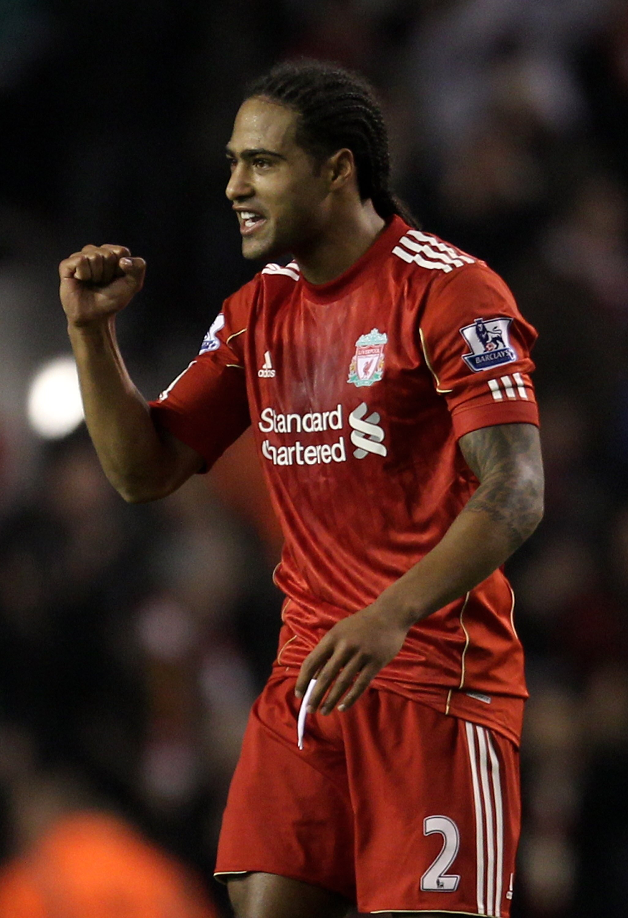 LIVERPOOL, ENGLAND - NOVEMBER 20:  Glen Johnson of Liverpool celebrates scoring the opening goal during the Barclays Premier League match between Liverpool and West Ham United at Anfield on November 20, 2010 in Liverpool, England. (Photo by Alex Livesey/G