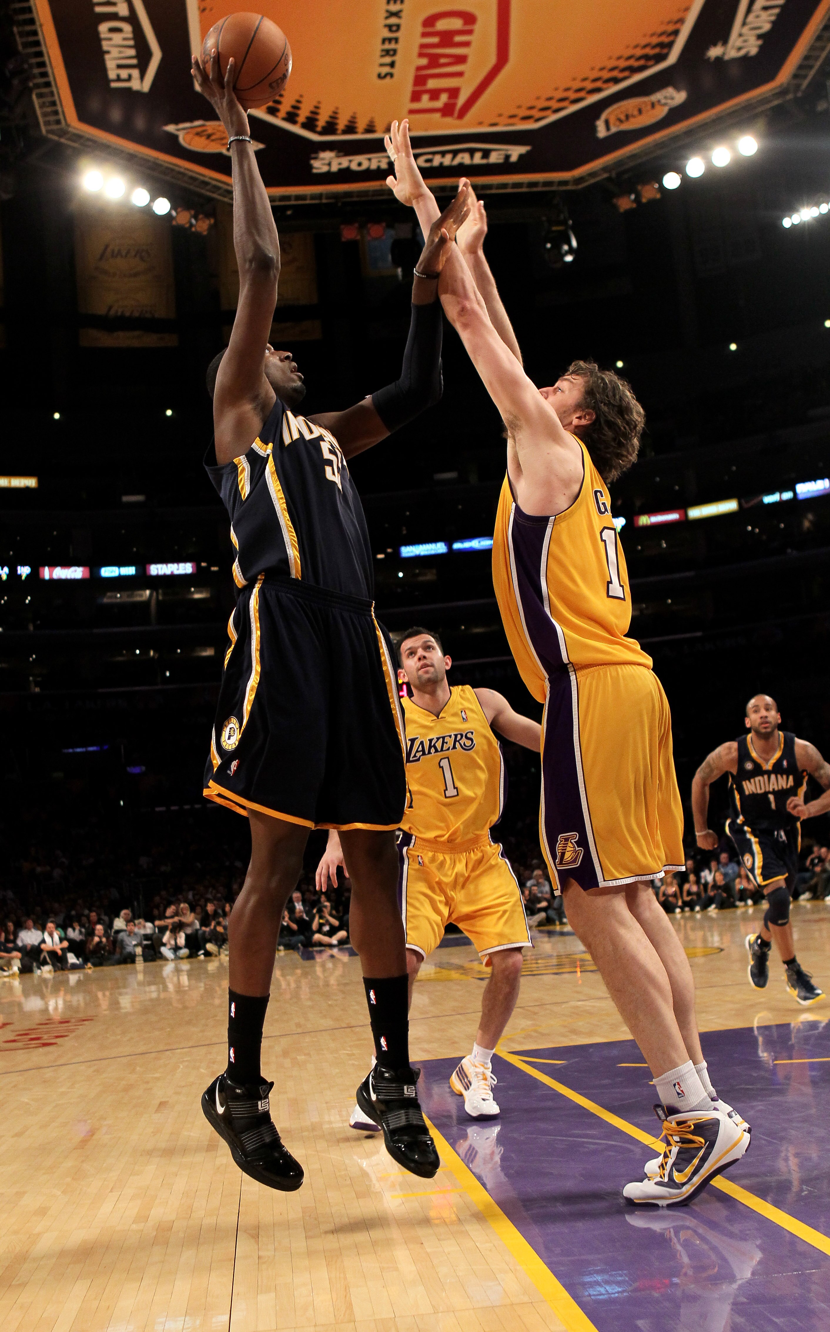 LOS ANGELES - MARCH 2:  Roy Hibbert #55 of the Indiana Pacers shoots over Pau Gasol #16 of the Los Angeles Lakers on March 2, 2010 at Staples Center in Los Angeles, California. The Lakers won 122-99.  NOTE TO USER: User expressly acknowledges and agrees t