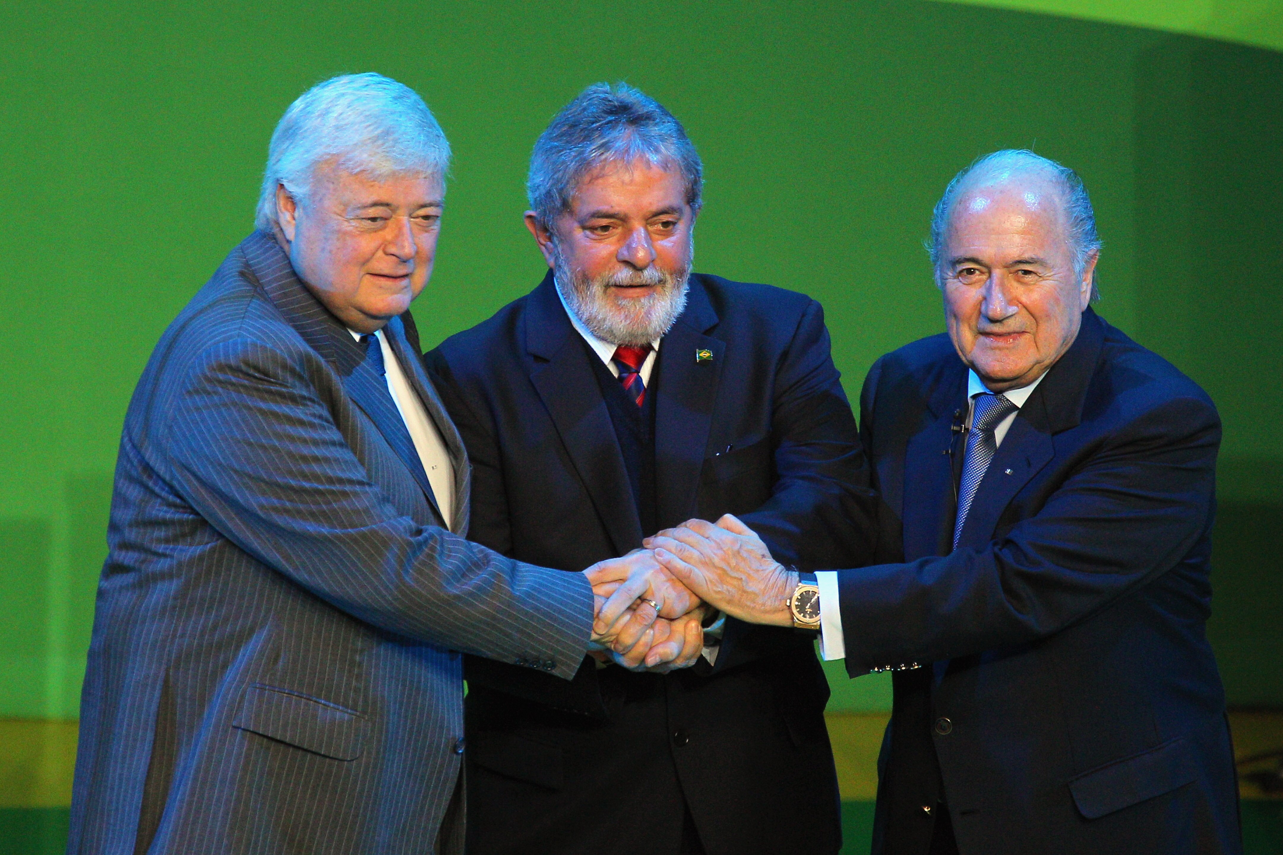 JOHANNESBURG, SOUTH AFRICA - JULY 08:   (L-R)  Brazilian Football Federation president Ricardo Terra Teixeira, Brazilian President Luiz Inacio Lula da Silva and FIFA President Joseph Sepp Blatter pose during the launch of 2014 FIFA World Cup Brazil Offici