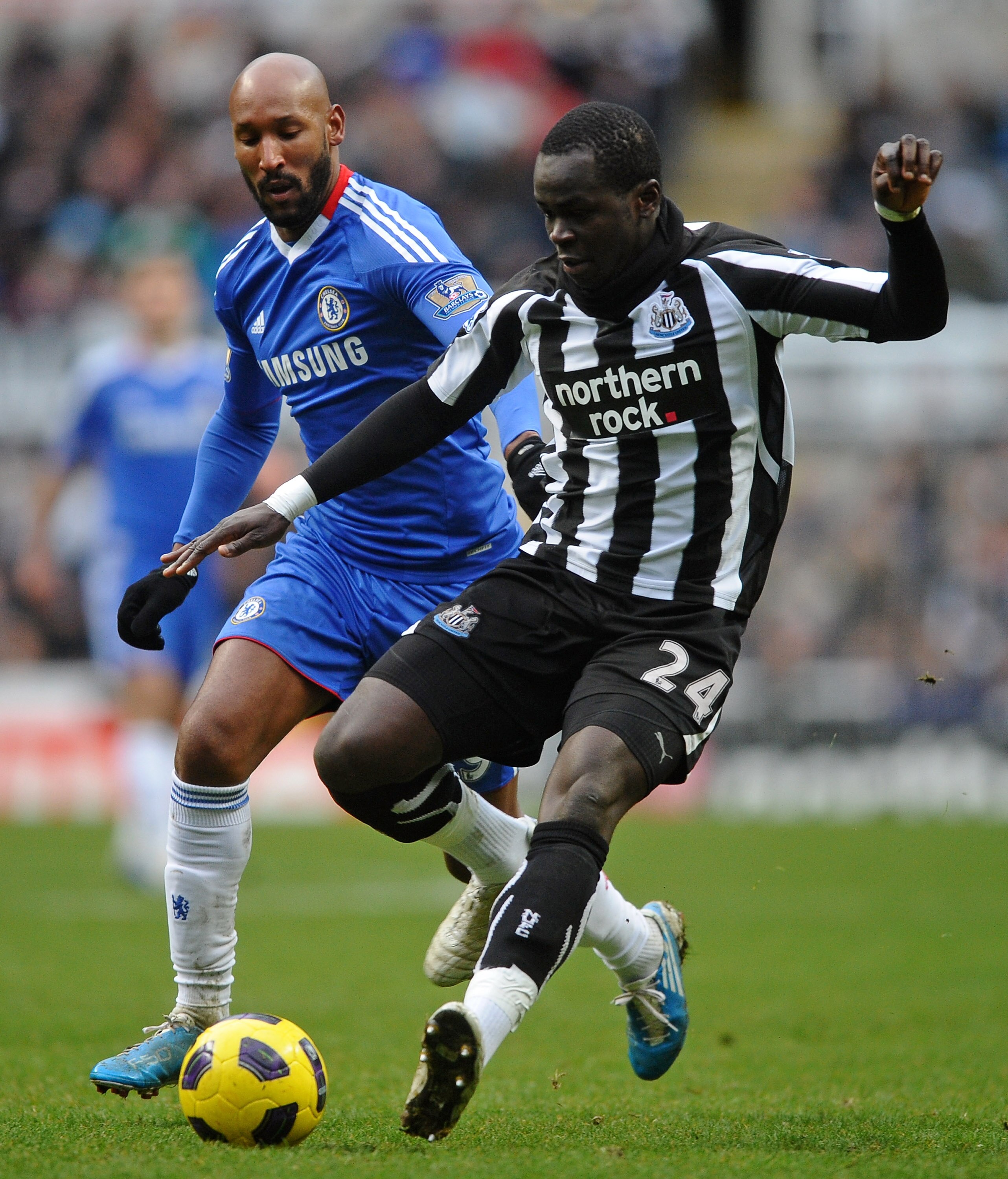 NEWCASTLE UPON TYNE, ENGLAND - NOVEMBER 28:  Cheik Tiote of Newcastle United competes with Nicolas Anelka of Chelsea during the Barclays Premier League match between Newcastle United and Chelsea at St James' Park on November 28, 2010 in Newcastle, England