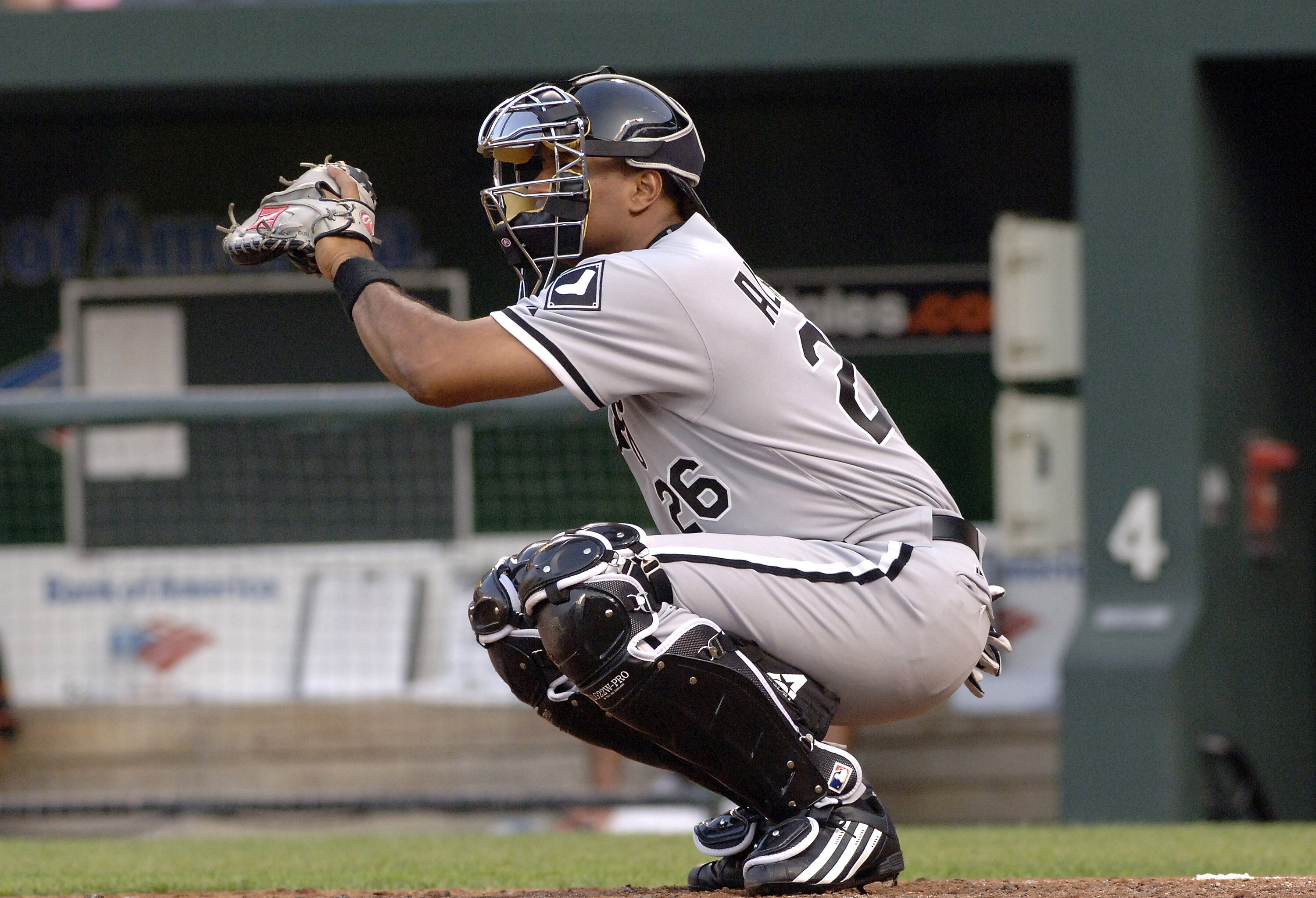 Chicago White Sox catcher Sandy Alomar  before play  against the Baltimore Orioles July 28, 2006 in Baltimore, Maryland.  The Sox won 6 - 4 on a ninth inning grand slam home run. (Photo by A. Messerschmidt/Getty Images) *** Local Caption ***