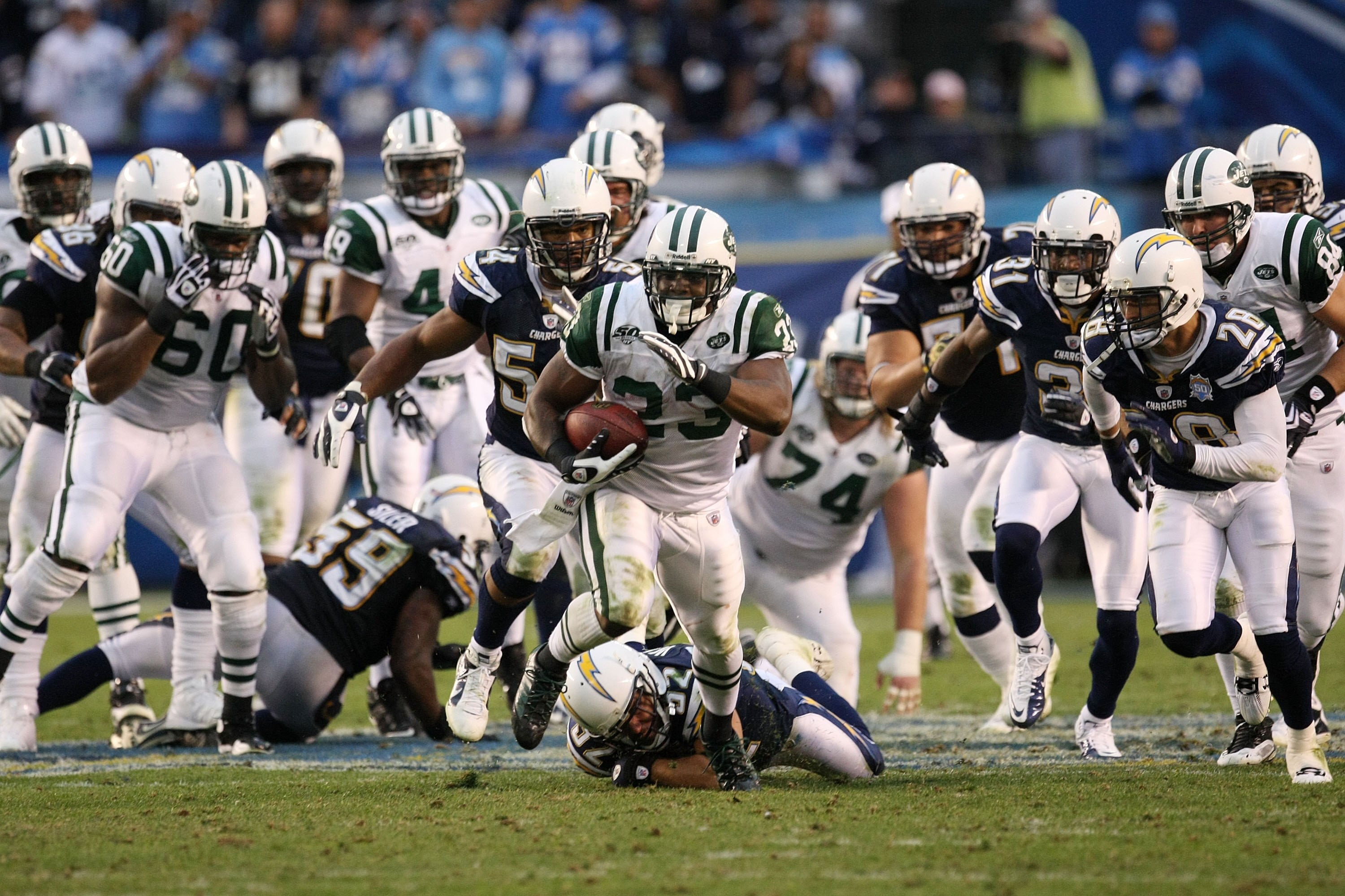 SAN DIEGO - JANUARY 17:  Running back Shonn Greene #23 of the New York Jets runs for a 53-yard touchdown in the fourth quarter against the San Diego Chargers in the AFC Divisional Playoff Game at Qualcomm Stadium on January 17, 2010 in San Diego, Californ