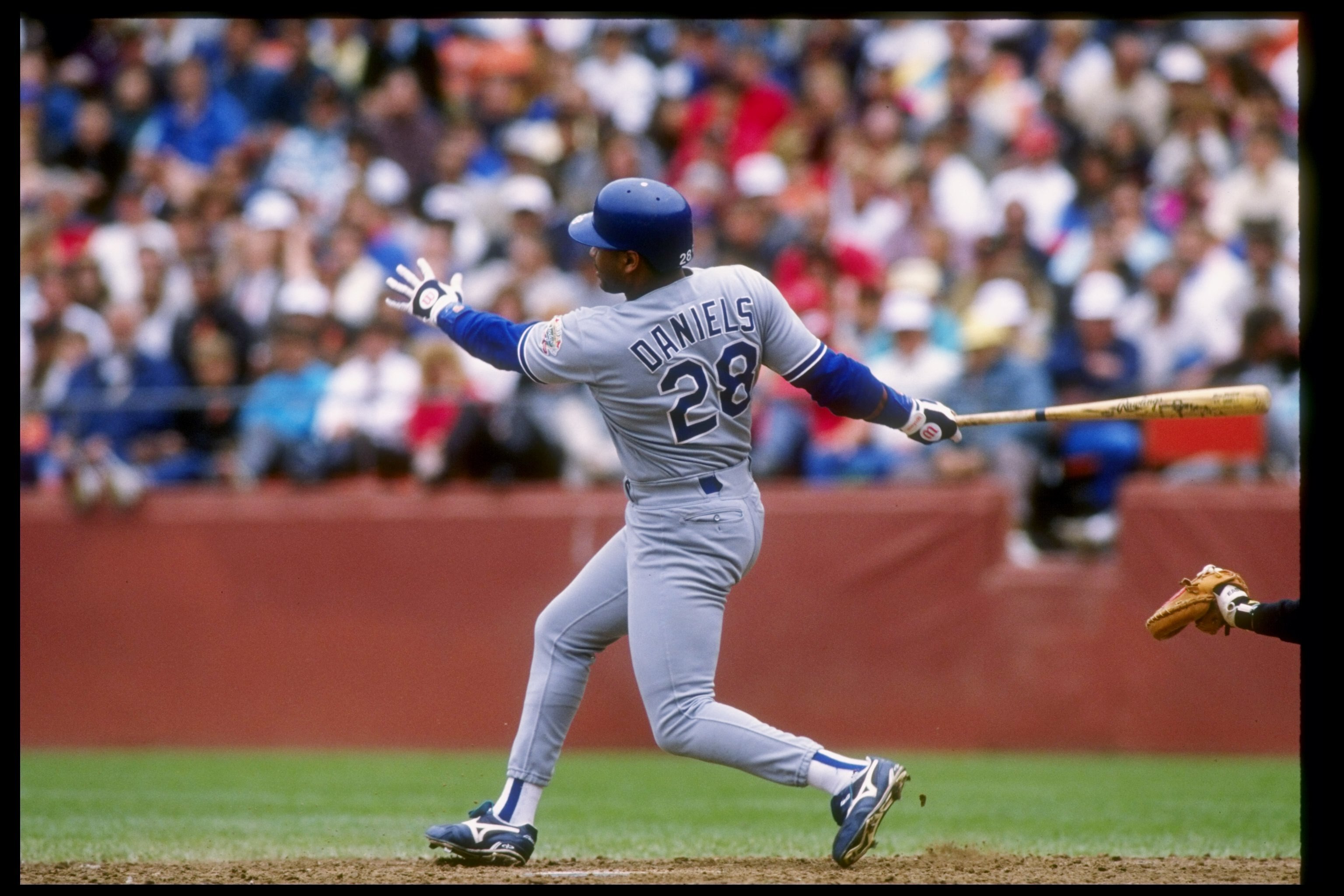 1990:  Outfielder Kal Daniels of the Los Angeles Dodgers hits the ball during a game. Mandatory Credit: Otto Greule  /Allsport