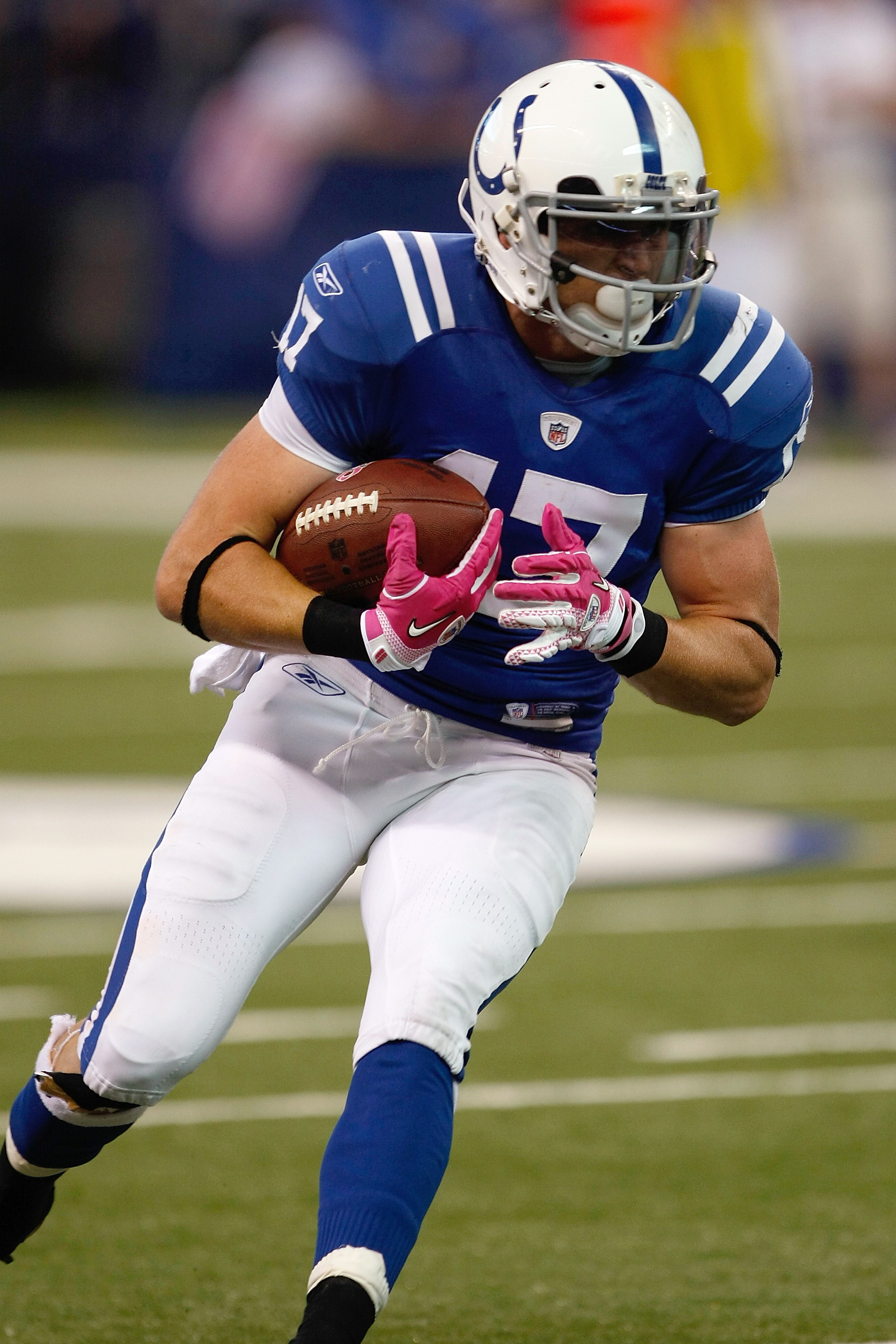 INDIANAPOLIS, IN - OCTOBER 10: Austin Collie #17 of the Indianapolis Colts runs with the football against the Kansas City Chiefs at Lucas Oil Stadium on October 10, 2010 in Indianapolis, Indiana. The Colts defeated the Chiefs 19-9. (Photo by Scott Boehm/G
