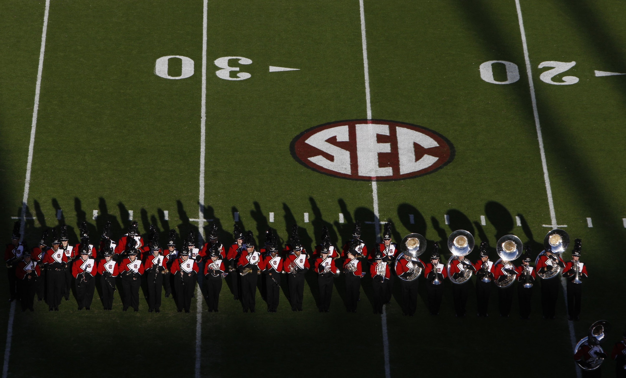 COLUMBIA, SC - NOVEMBER 14:  Overhead view of South Carolina Gamecocks marching band with SEC logo during the game against the Florida Gators at Williams-Brice Stadium on November 14, 2009 in Columbia, South Carolina. (Photo by Streeter Lecka/Getty Images
