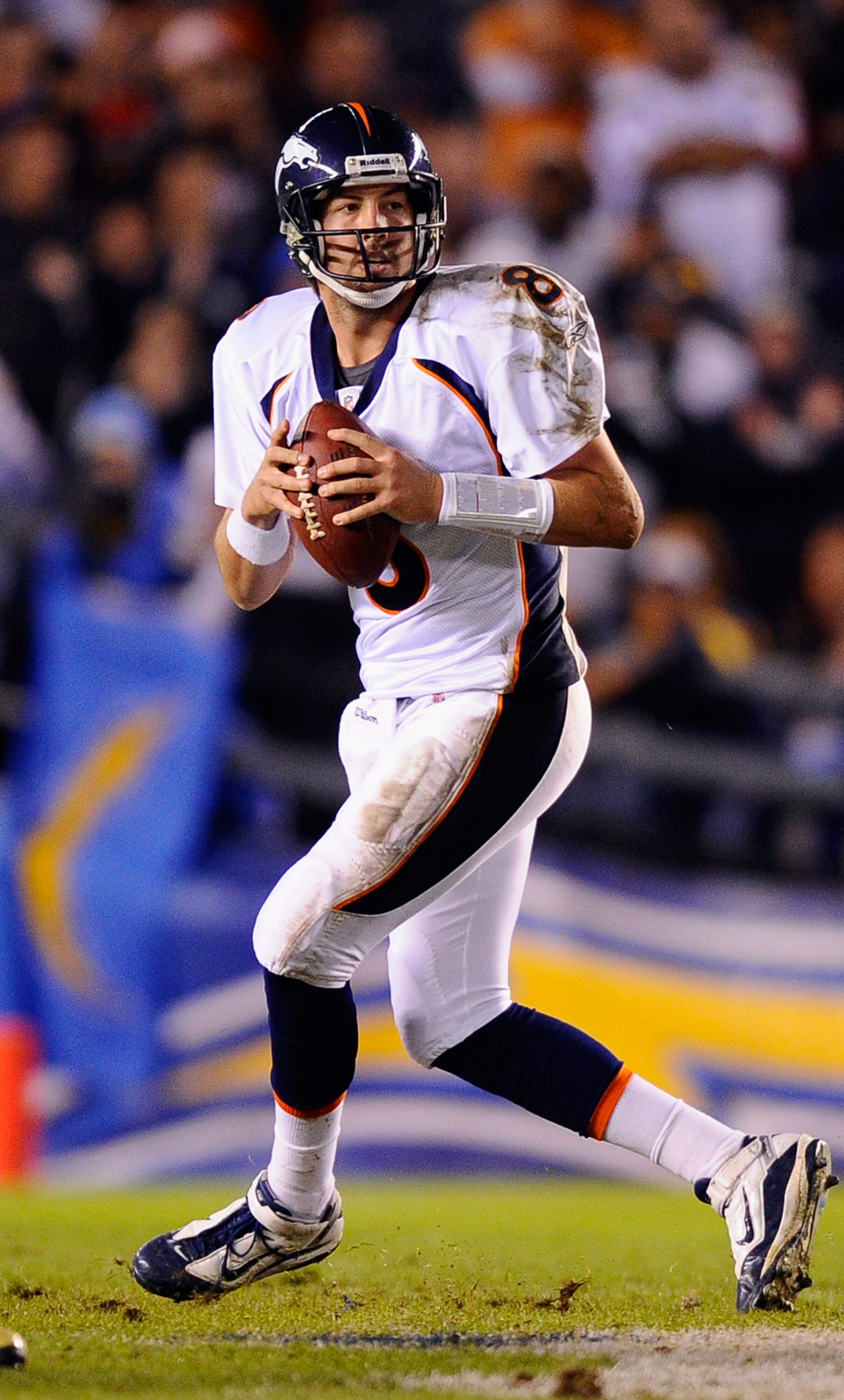 SAN DIEGO - NOVEMBER 22:  Quarterback Kyle Orton #8 of the Denver Broncos in action against San Diego Chargers at Qualcomm Stadium on November 22, 2010 in San Diego, California.  Chargers defeated the broncos, 35-14.  (Photo by Kevork Djansezian/Getty Ima