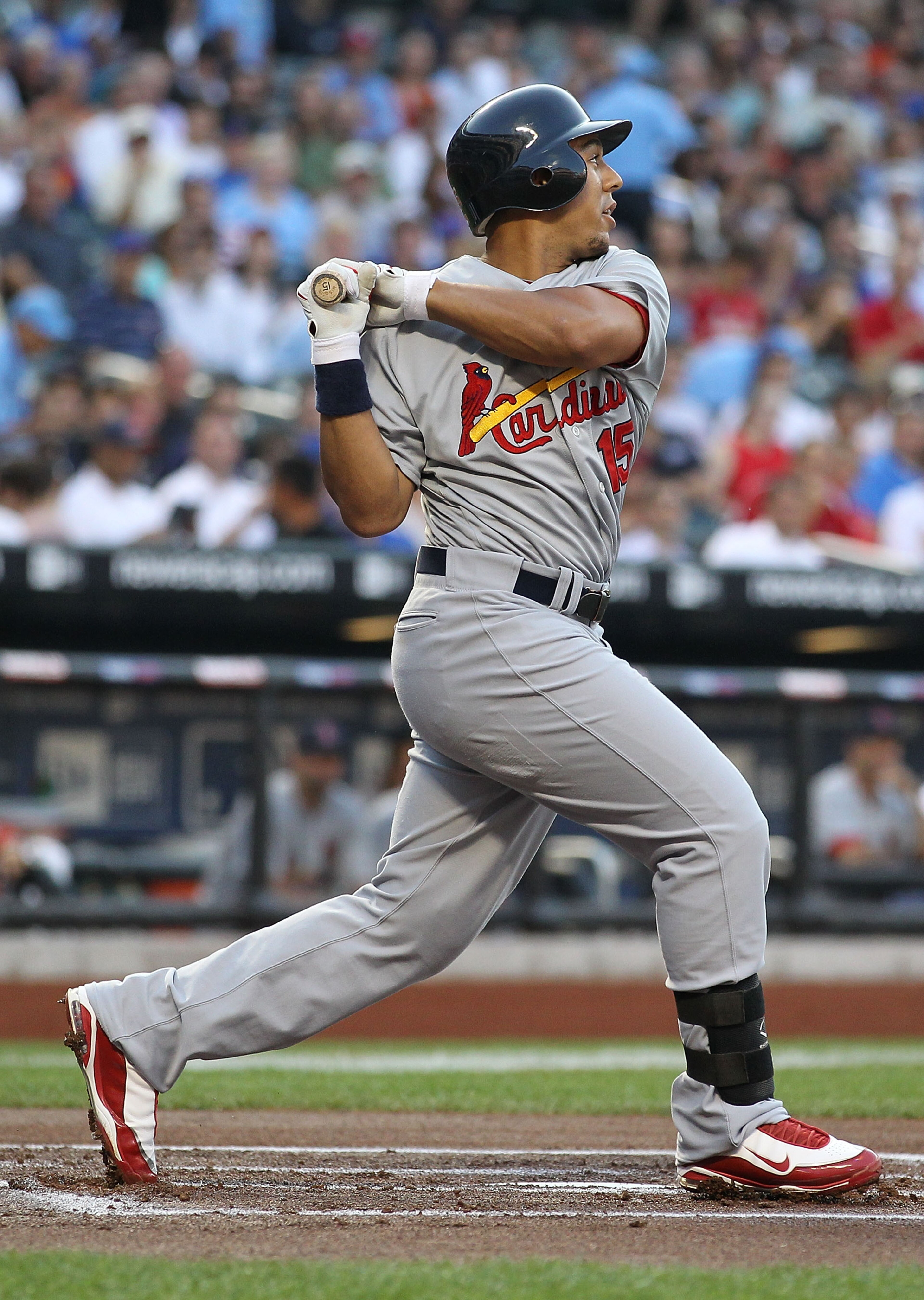 NEW YORK - JULY 27:  Jon Jay #15 of the St. Louis Cardinals in action against the New York Mets during their game on July 27, 2010 at Citi Field in the Flushing neighborhood of the Queens borough of New York City.  (Photo by Al Bello/Getty Images)