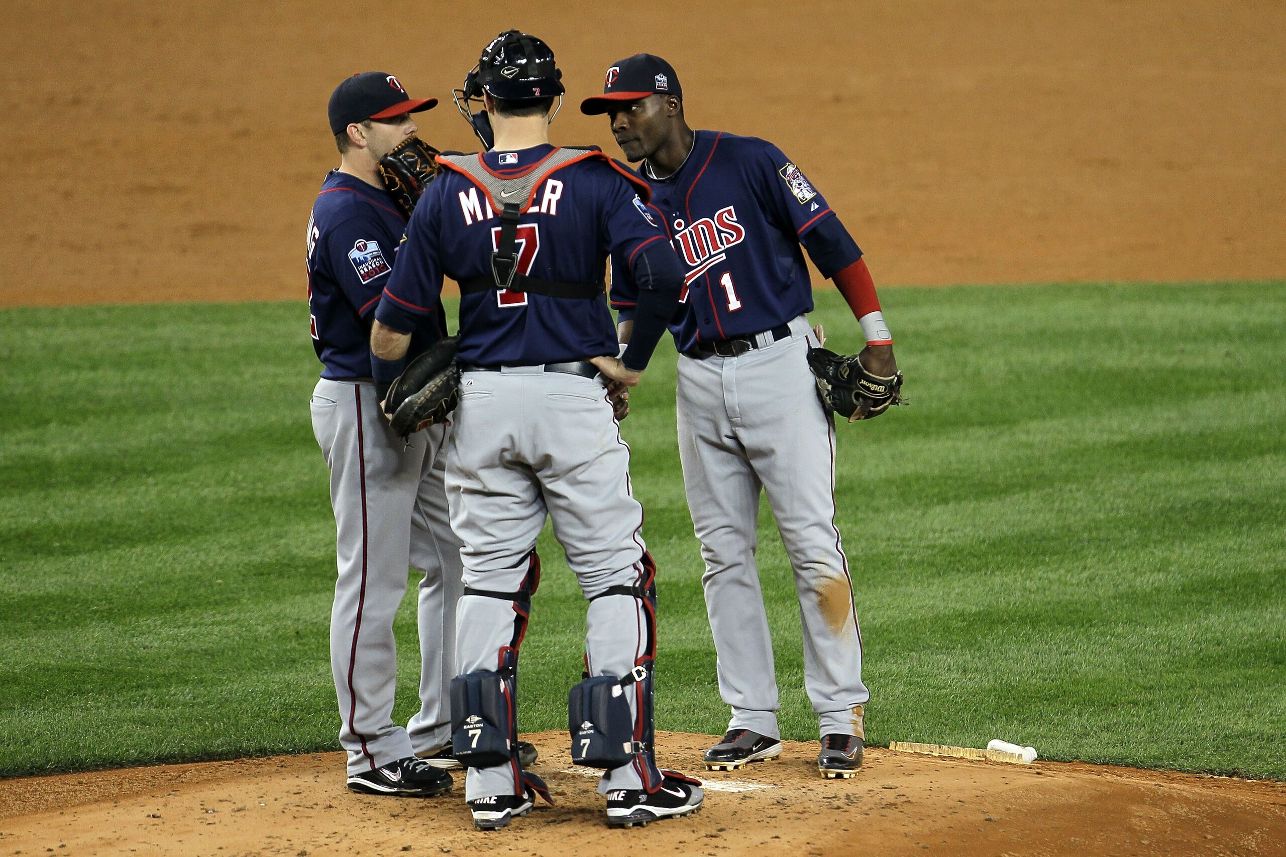 NEW YORK - OCTOBER 09: (L-R) Starting pitcher Brian Duensing #52 of the Minnesota Twins talks with Joe Mauer #7 and Orlando Hudson #1 against the New York Yankees during Game Three of the ALDS part of the 2010 MLB Playoffs at Yankee Stadium on October 9 NEW YORK - OCTOBER 09: (L-R) Starting pitcher Brian Duensing #52 of the Minnesota Twins talks with Joe Mauer #7 and Orlando Hudson #1 against the New York Yankees during Game Three of the ALDS part of the 2010 MLB Playoffs at Yankee Stadium on October 9