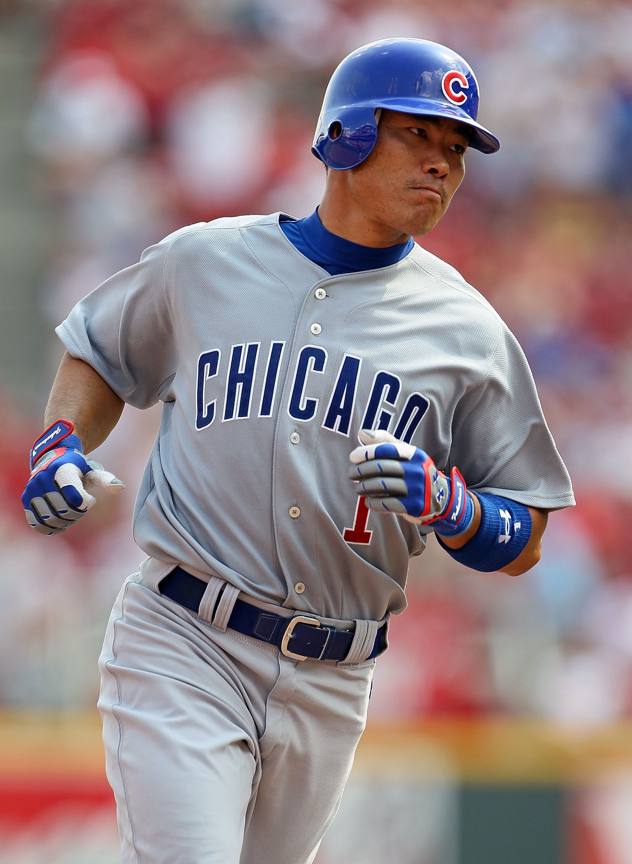 CINCINNATI - AUGUST 29:  Kosuke Fukudome #1 of the Chicago Cubs is pictured after hitting a home run during the game against the Cincinnati Reds at Great American Ball Park on August 29, 2010 in Cincinnati, Ohio.  (Photo by Andy Lyons/Getty Images)