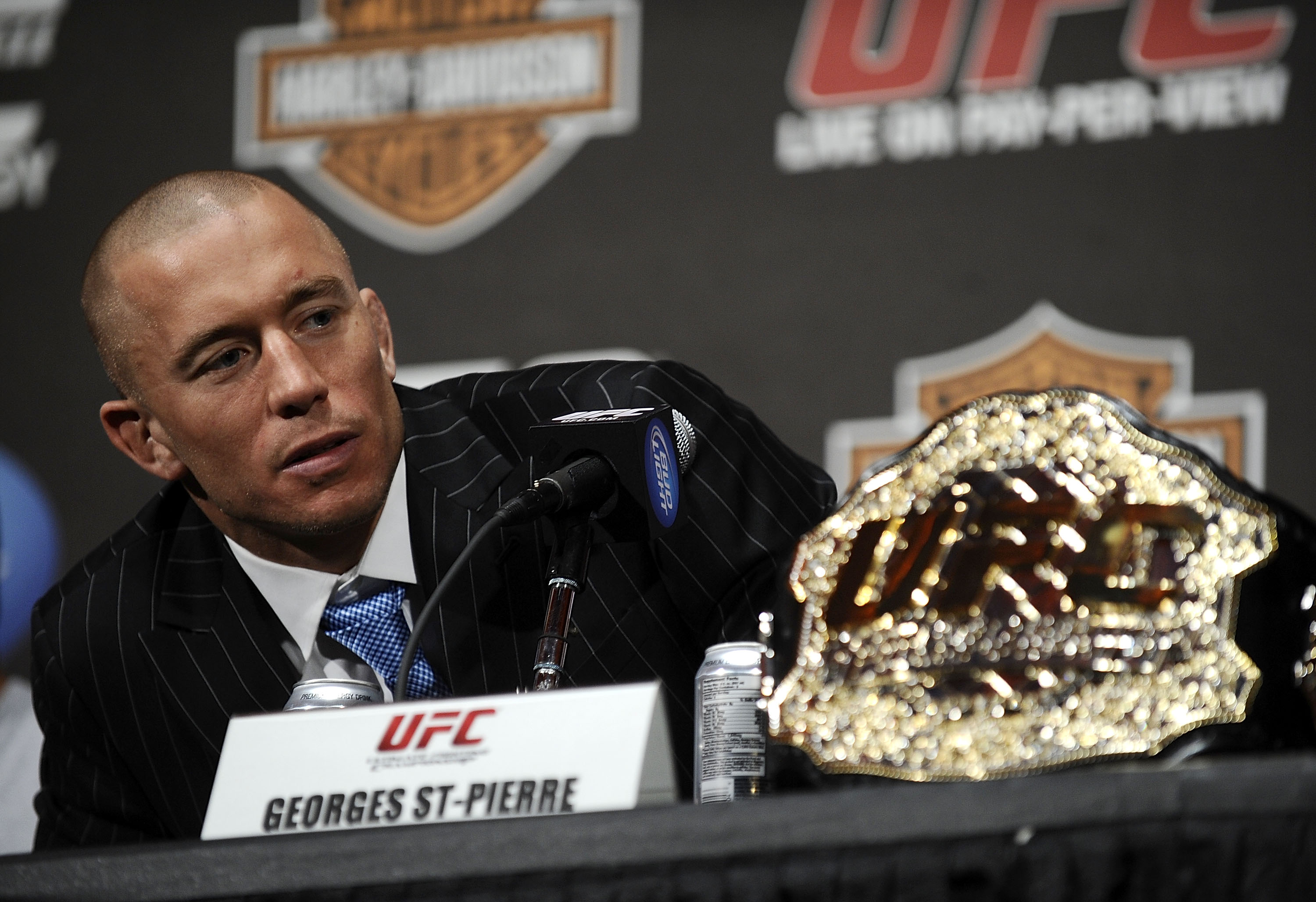 NEW YORK - MARCH 24: Georges St-Pierre of Montreal, Quebec, Canada speaks at a press conference for UFC 111 at Radio City Music Hall on March 24, 2010 in New York City. St-Pierre will face Dan Hardy of Nottingham UK in the Welterweight title bout. (Pho NEW YORK - MARCH 24: Georges St-Pierre of Montreal, Quebec, Canada speaks at a press conference for UFC 111 at Radio City Music Hall on March 24, 2010 in New York City. St-Pierre will face Dan Hardy of Nottingham UK in the Welterweight title bout. (Pho