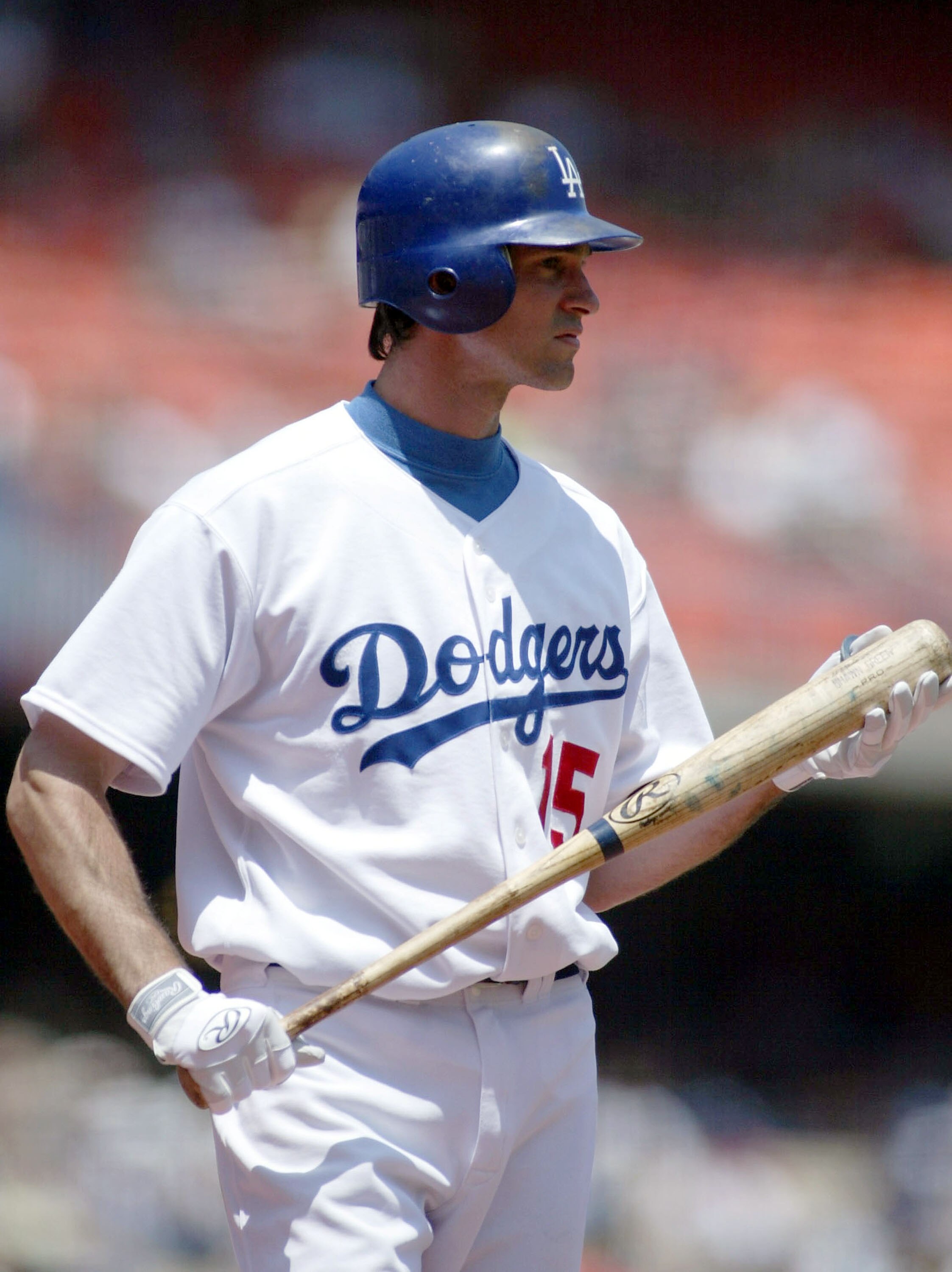 LOS ANGELES - JULY 22:  Shawn Green #15 of the Los Angeles Dodgers waits to go to bat in the 1st innng against the Colorado Rockies on July 22, 2004 at Dodger Stadium in Los Angeles, California.  (Photo by Lisa Blumenfeld/Getty Images)