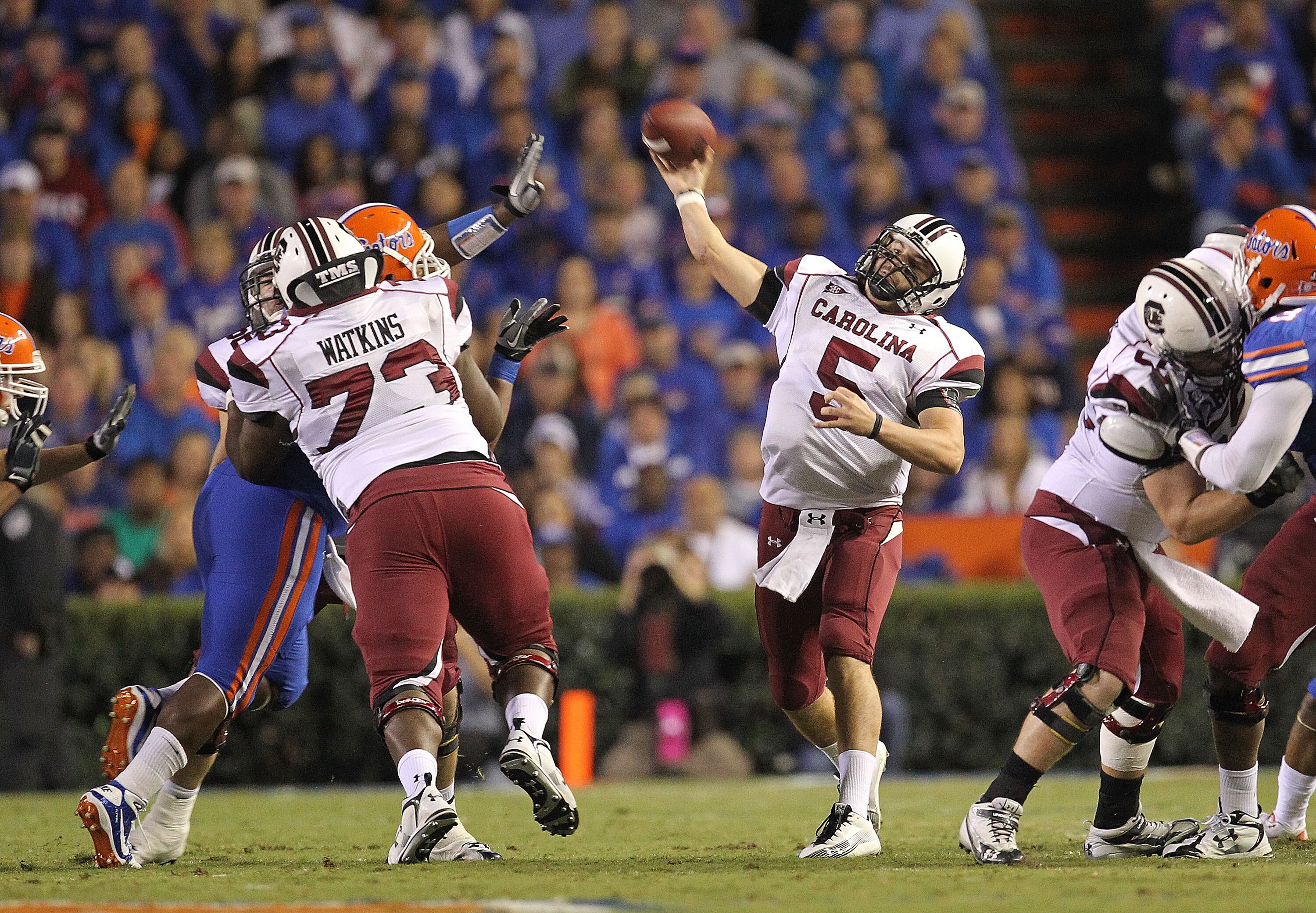 GAINESVILLE, FL - NOVEMBER 13:  Stephen Garcia #5 of the South Carolina Gamecocks passes during a game against the Florida Gators at Ben Hill Griffin Stadium on November 13, 2010 in Gainesville, Florida.  (Photo by Mike Ehrmann/Getty Images)