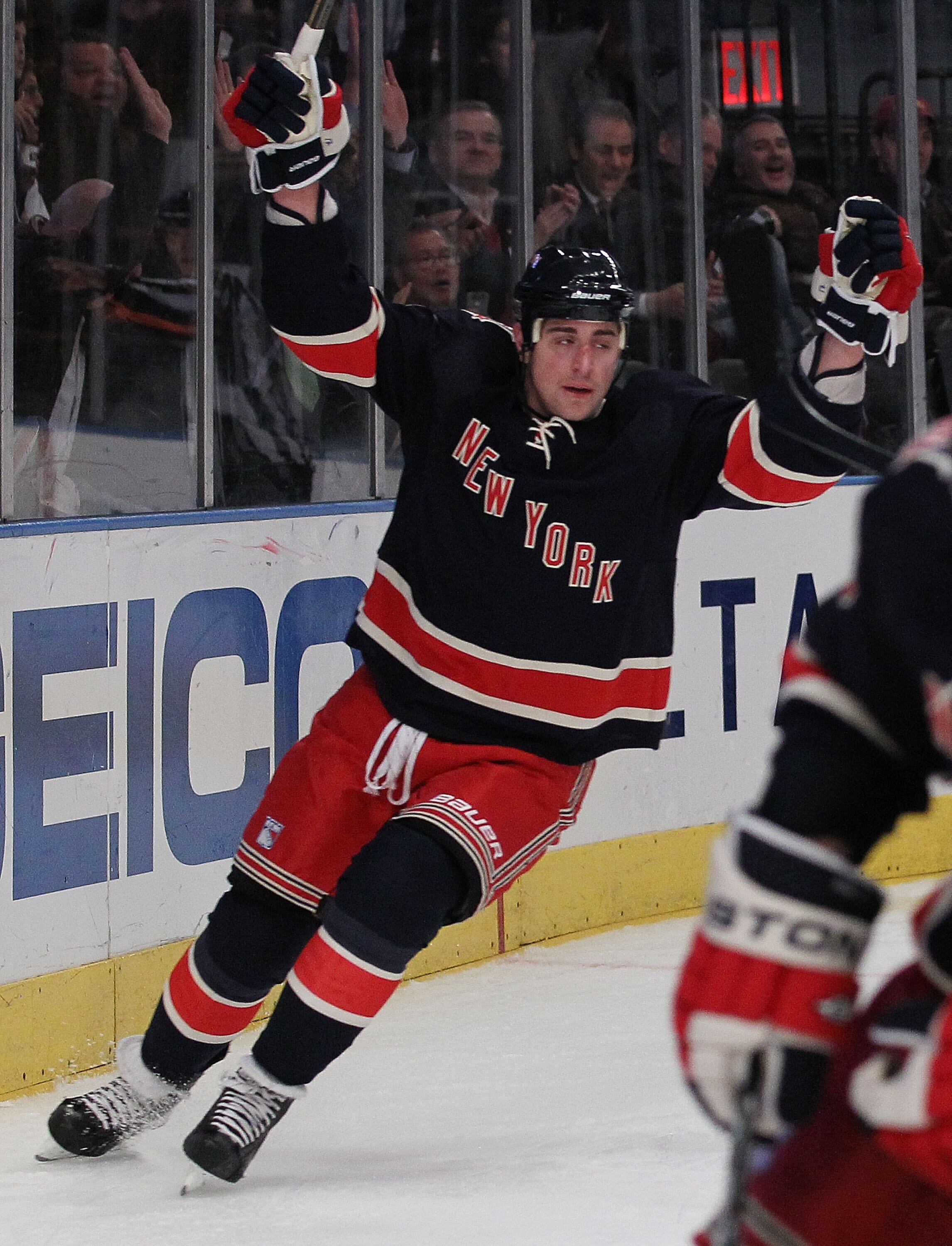 NEW YORK - NOVEMBER 17:  Brandon Dubinsky #17 of the New York Rangers celebrates scoring a goal against  the Boston Bruins during their game on November 17, 2010 at Madison Square Garden in New York City.  (Photo by Al Bello/Getty Images)