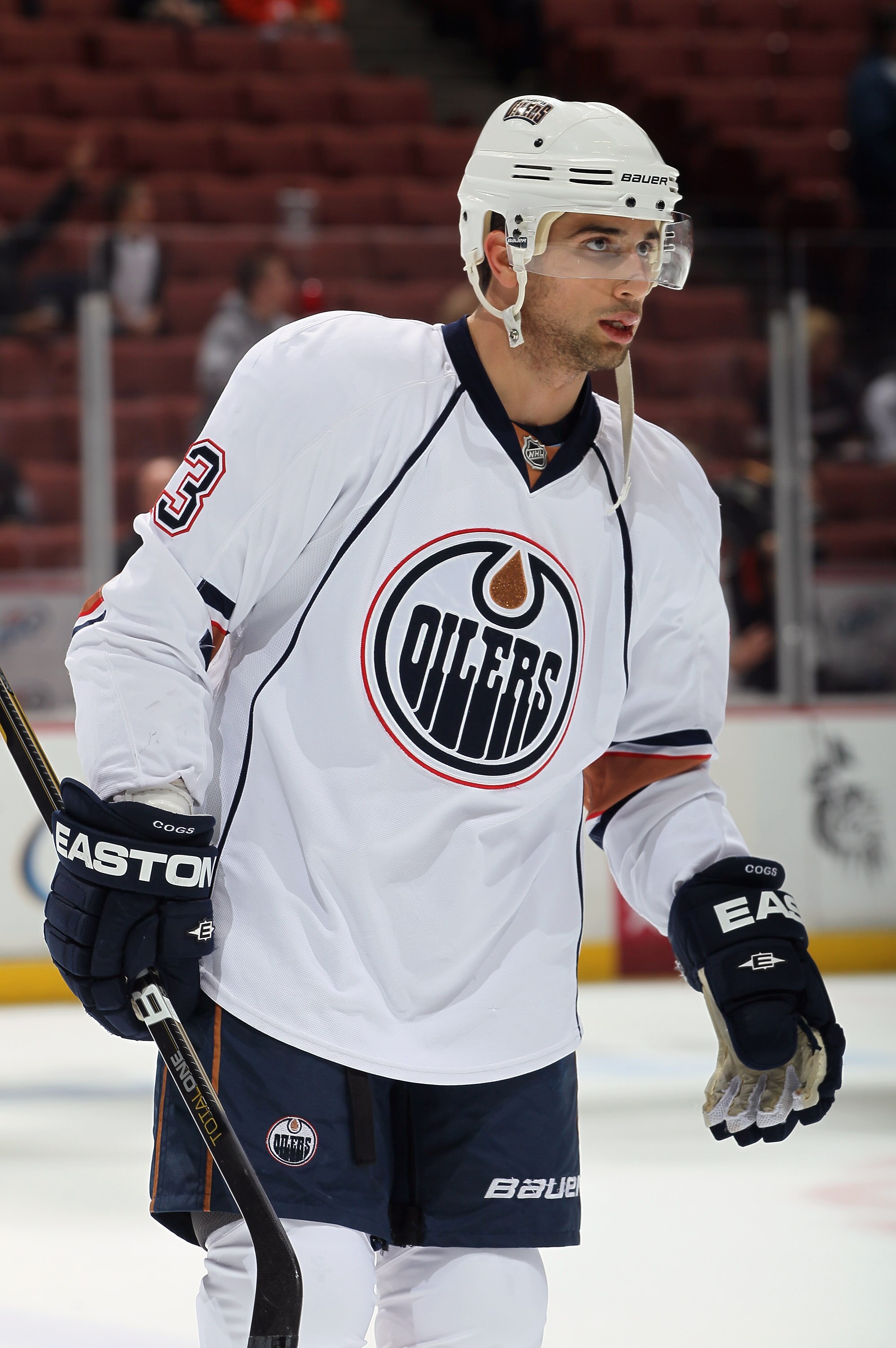 ANAHEIM, CA - NOVEMBER 21:  Andrew Cogliano #13 of the Edmonton Oilers looks on prior to the start of the game against the Anaheim Ducks at the Honda Center on November 21, 2010 in Anaheim, California.  (Photo by Jeff Gross/Getty Images)