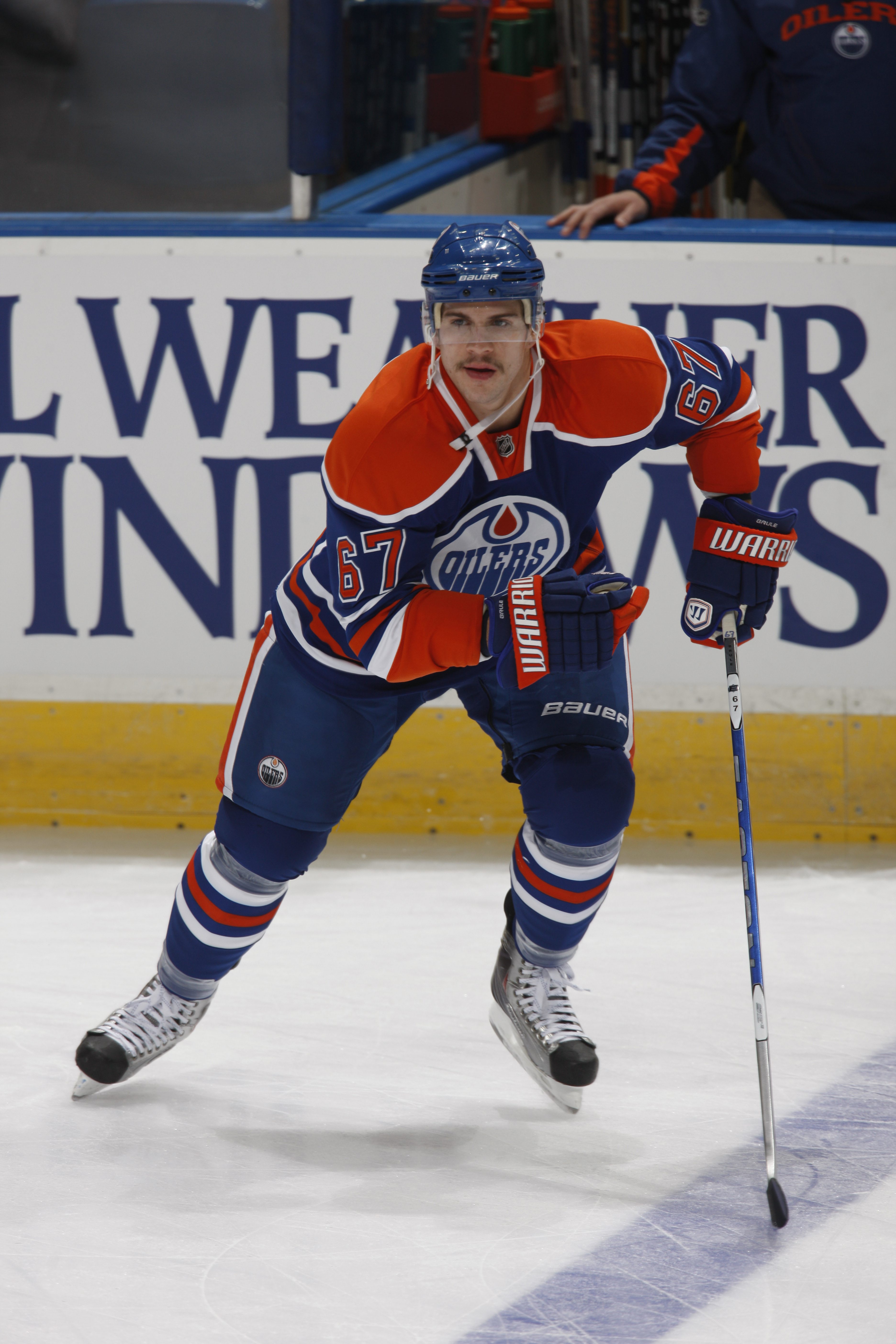 EDMONTON, CANADA - NOVEMBER 17: Gilbert Brule #67 of the Edmonton Oilers skates against the Chicago Black Hawks on November 17, 2010 at Rexall Place in Edmonton, Alberta, Canada. (Photo by Dale MacMillan/Getty Images)