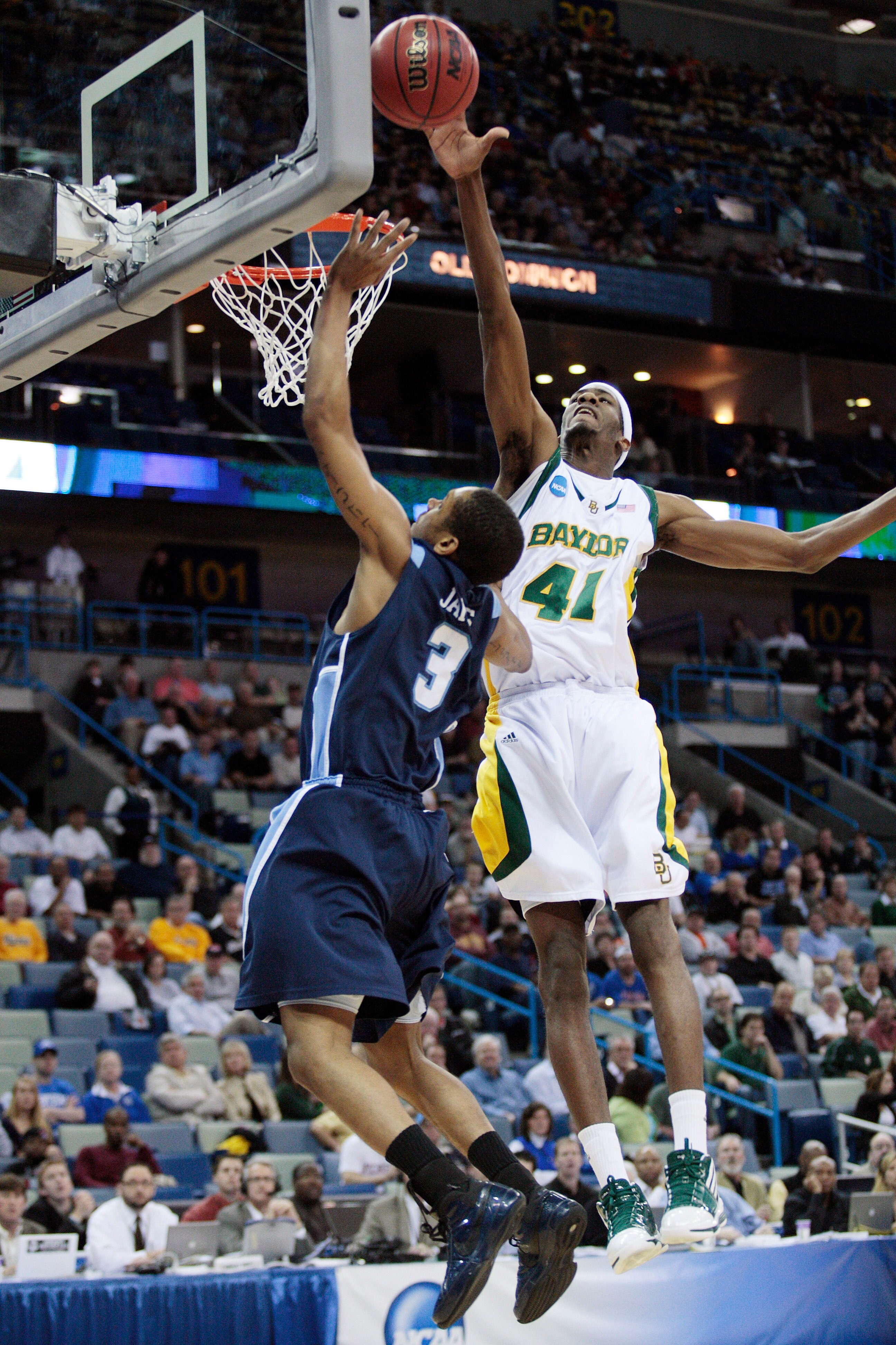 NEW ORLEANS - MARCH 20:  Anthony Jones #41of the Baylor Bears blocks the shot of Darius James #3 of the Old Dominion Monarchs during the second round of the 2010 NCAA men's basketball tournament at the New Orleans Arena on March 20, 2010 in New Orleans, L