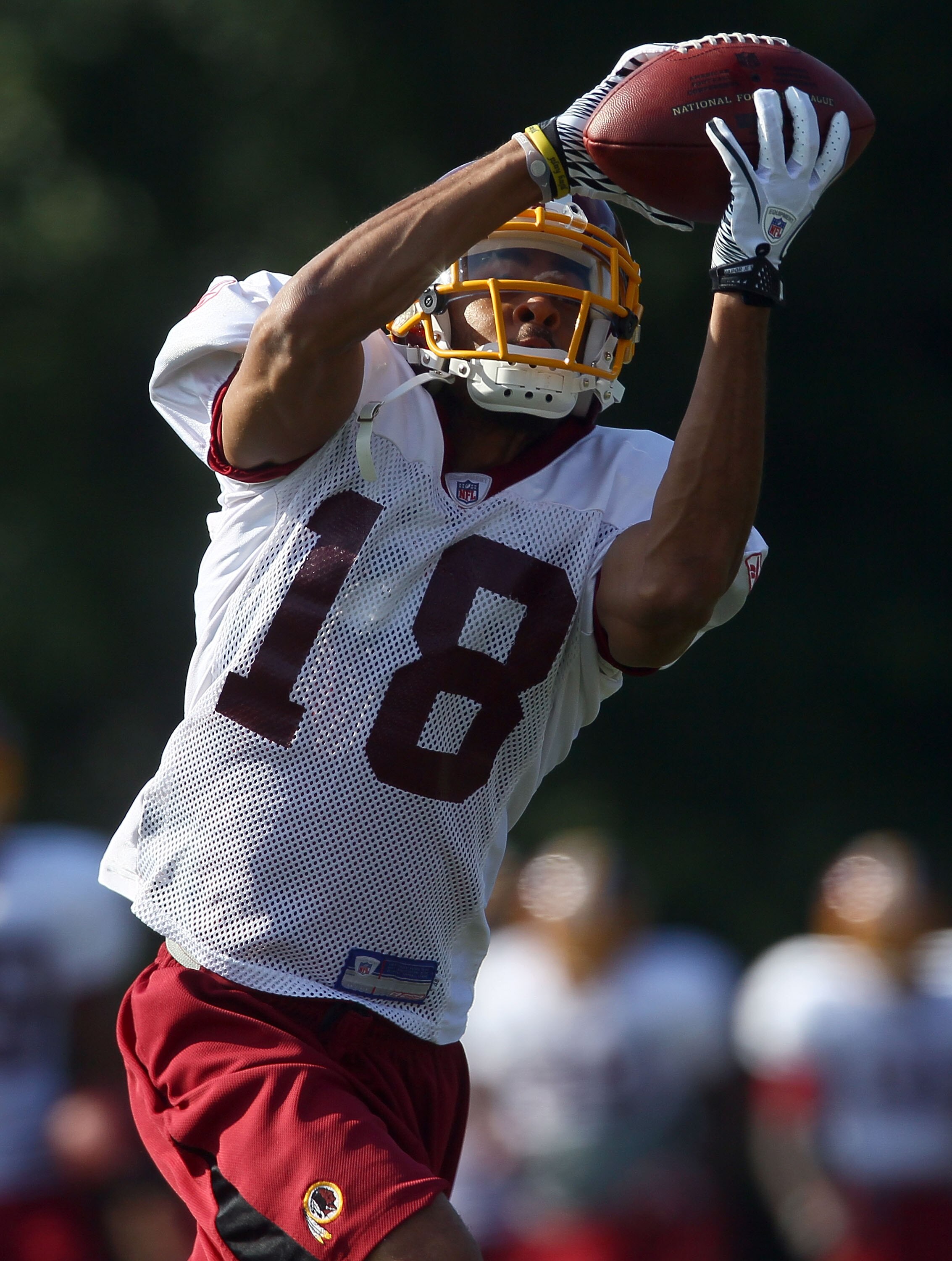 ASHBURN, VA - JULY 30:  Wide receiver Terrence Austin #18 of the Washington Redskins catches a pass during drills on the second day of training camp July 30, 2010 in Ashburn, Virginia.  (Photo by Win McNamee/Getty Images)