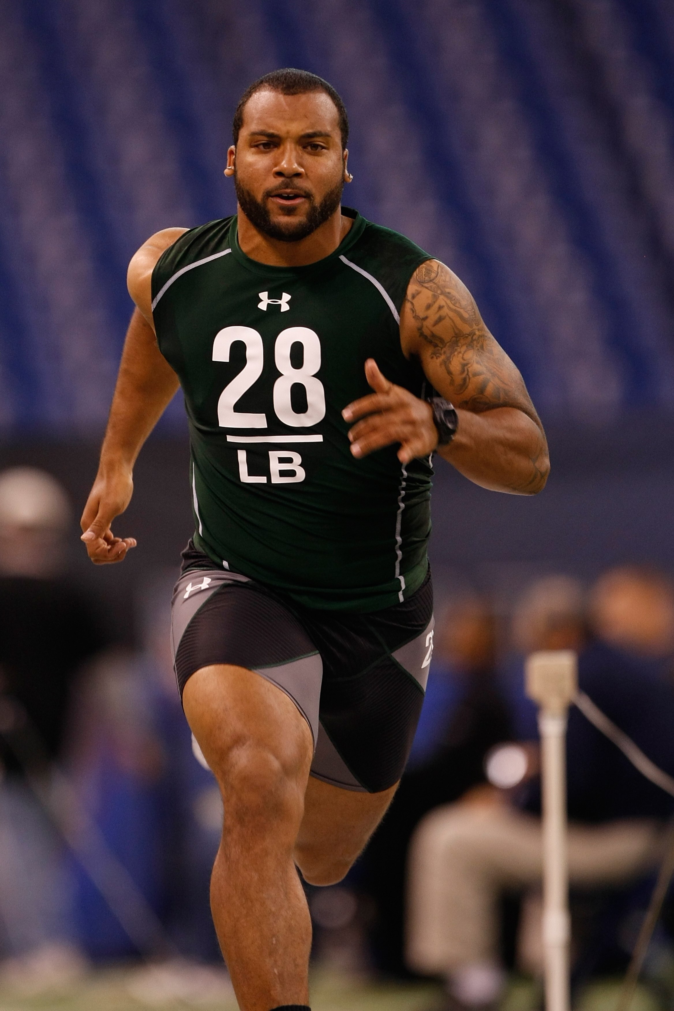 INDIANAPOLIS, IN - MARCH 1: Linebacker Perry Riley of Louisiana State runs the 40 yard dash during the NFL Scouting Combine presented by Under Armour at Lucas Oil Stadium on March 1, 2010 in Indianapolis, Indiana. (Photo by Scott Boehm/Getty Images)