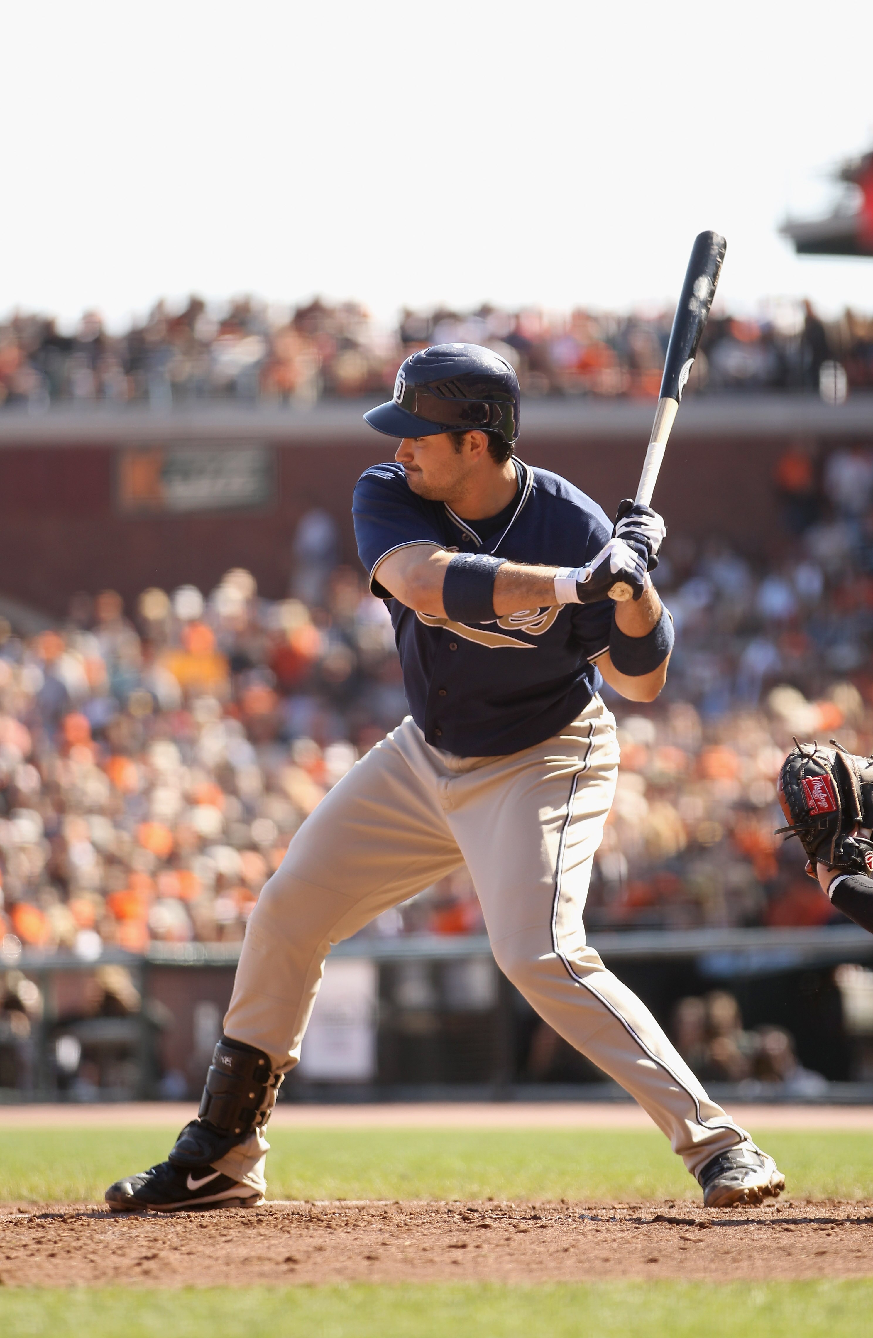 SAN FRANCISCO - OCTOBER 03:  Adrian Gonzalez #23 of the San Diego Padres bats against the San Francisco Giants at AT&T Park on October 3, 2010 in San Francisco, California.  (Photo by Ezra Shaw/Getty Images)